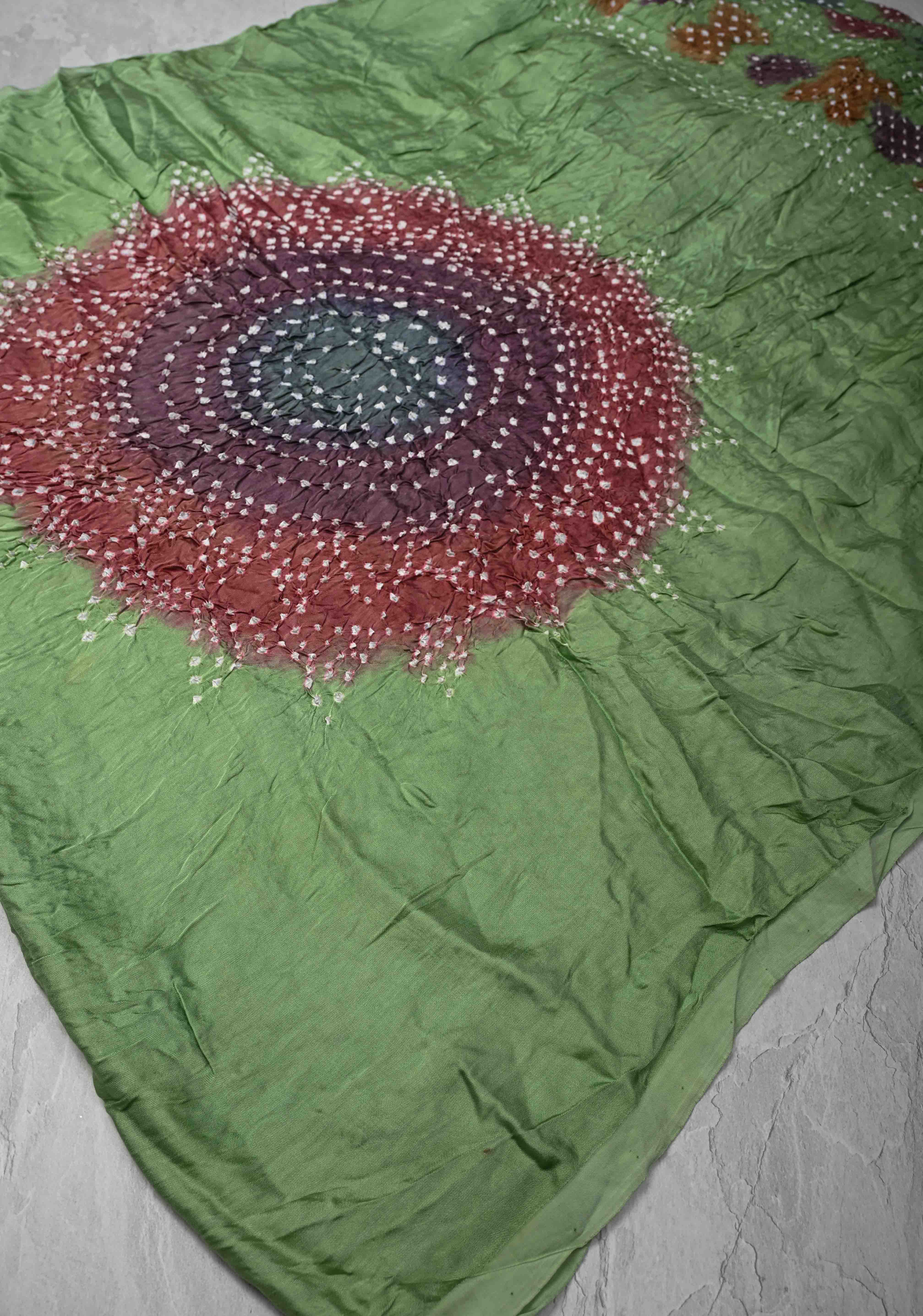 Tea Green Hand Shibori mandala Dye and bandhej design on Modal Silk Saree with crushed Pallu | Shobitam - Image 4