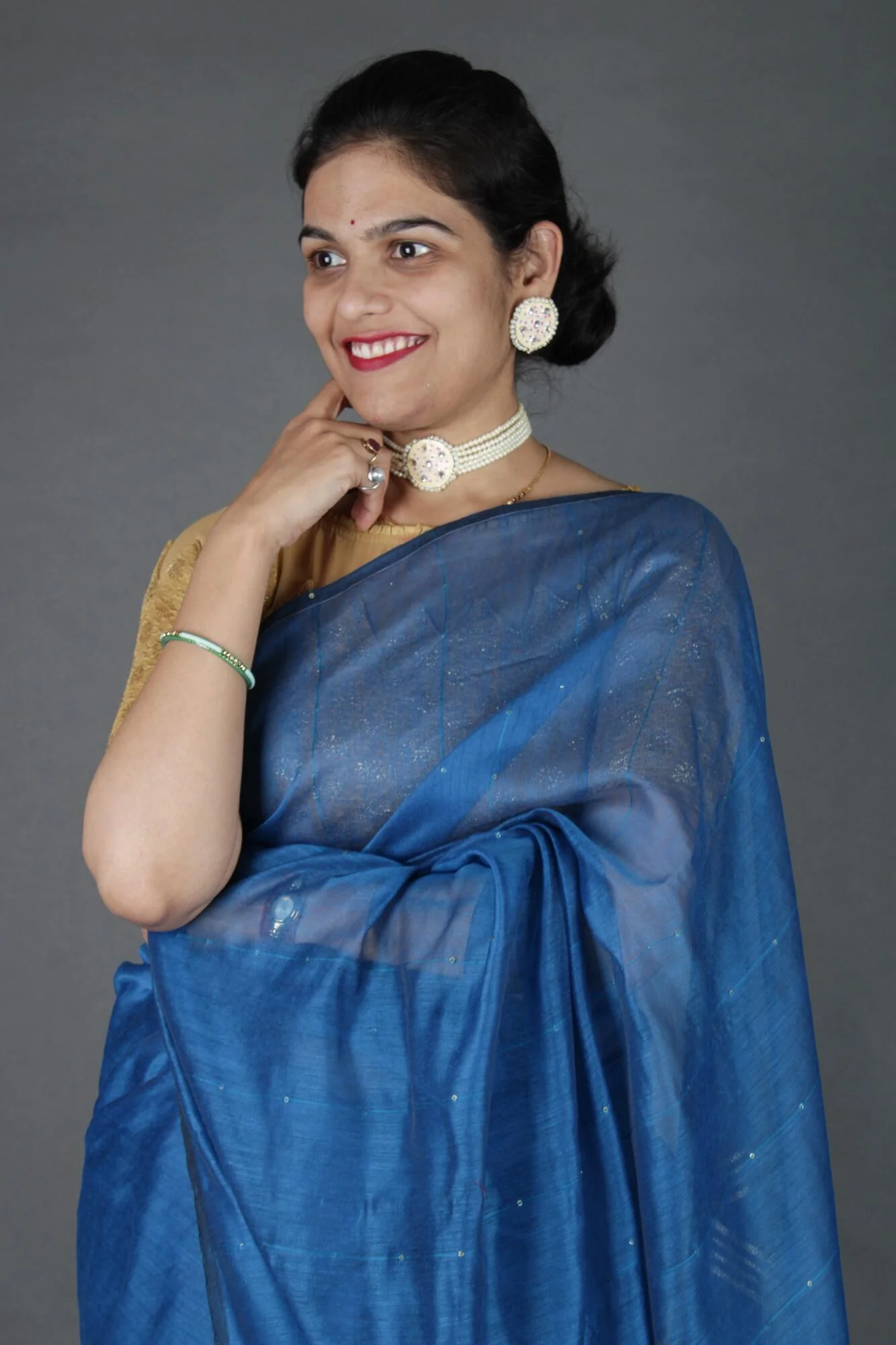 Teal Blue Cotton Silk Pure Handloom Saree With Sequin Block Work and Zari wrap in 1 minute saree - Image 5
