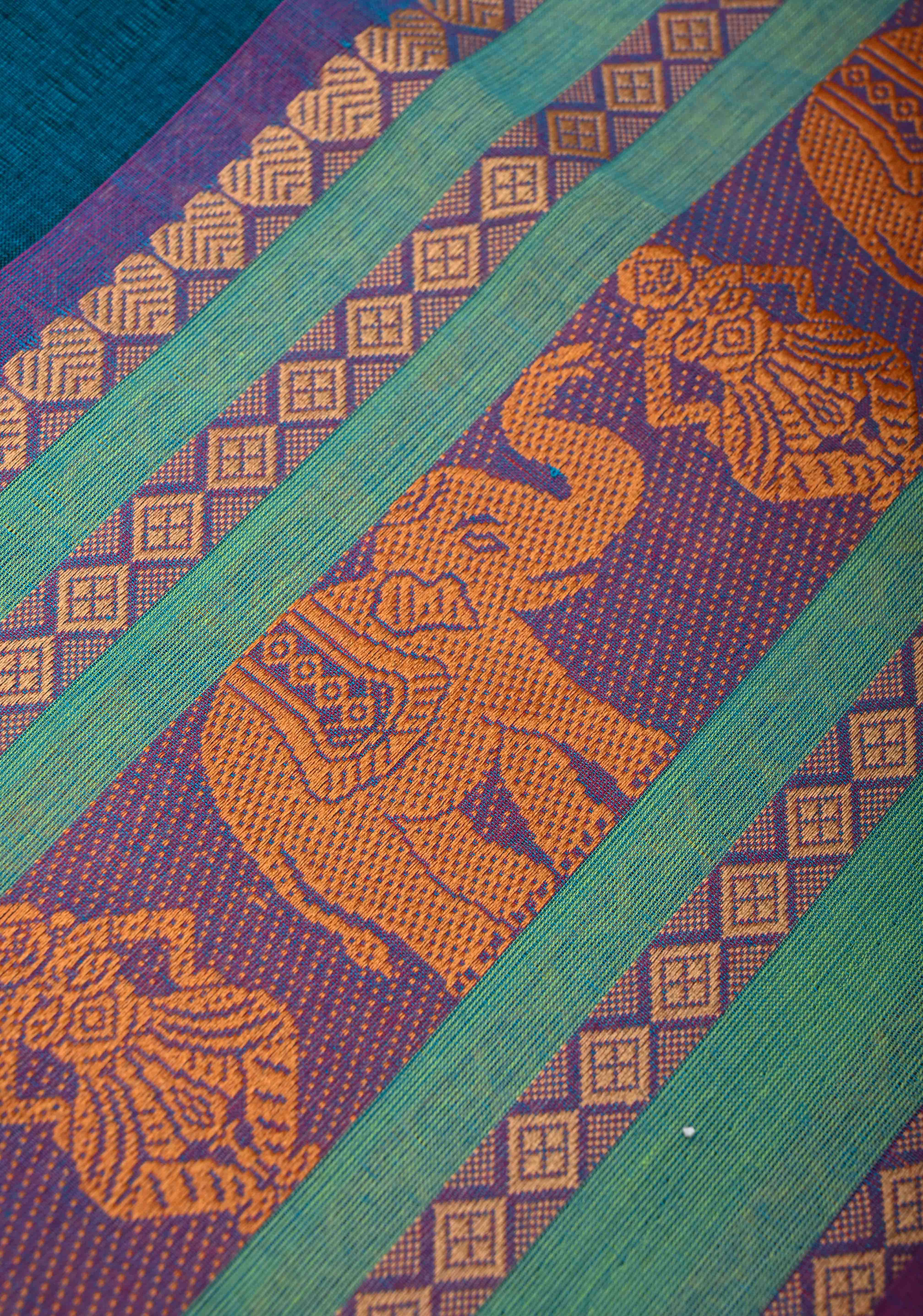 Teal Blue Kanchi Cotton Saree with Contrast Resham Border | No Blouse piece | Shobitam - Image 8