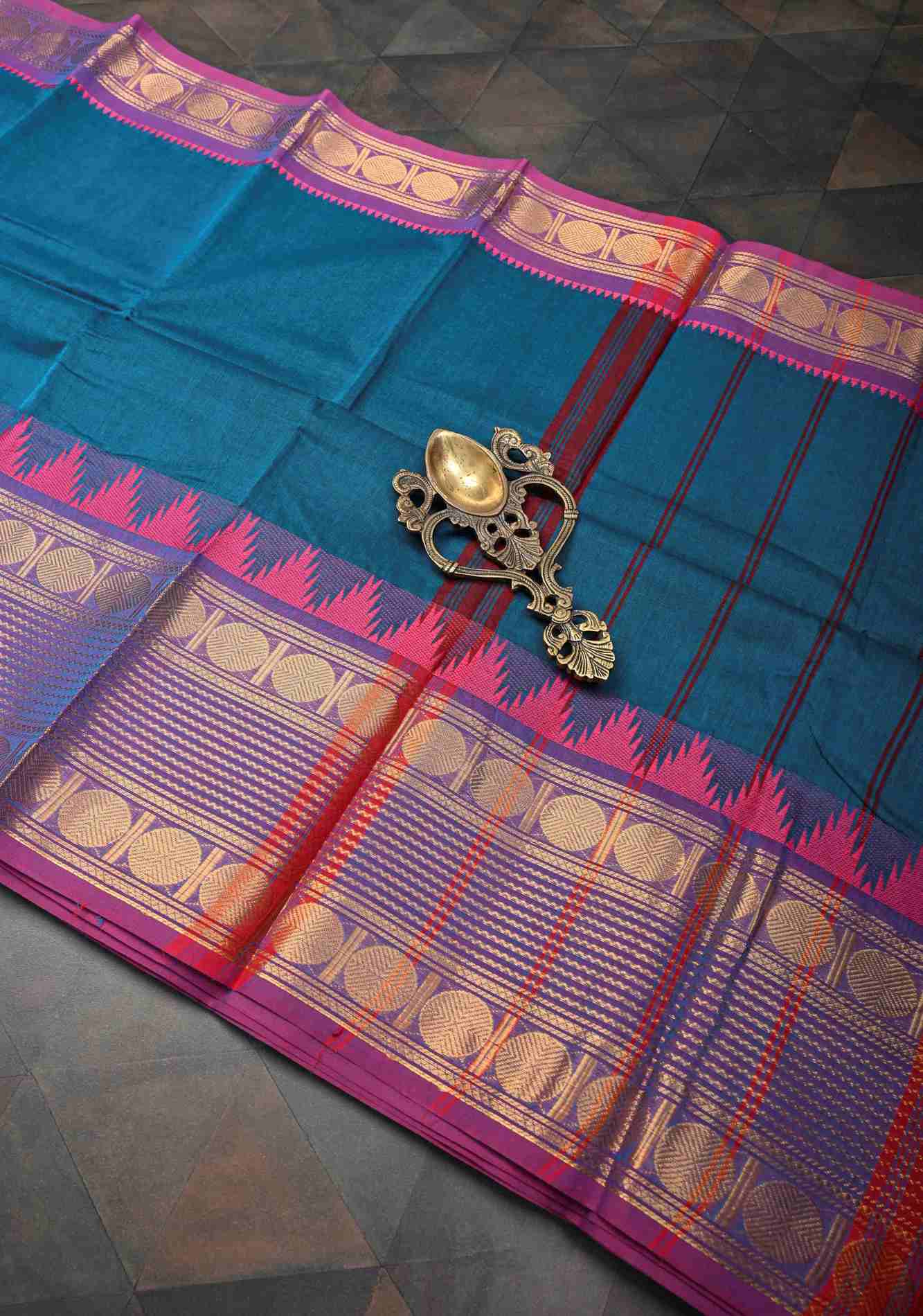 Teal Blue Kanchi Cotton Saree with Contrast Zari Border | No Blouse piece - Image 2