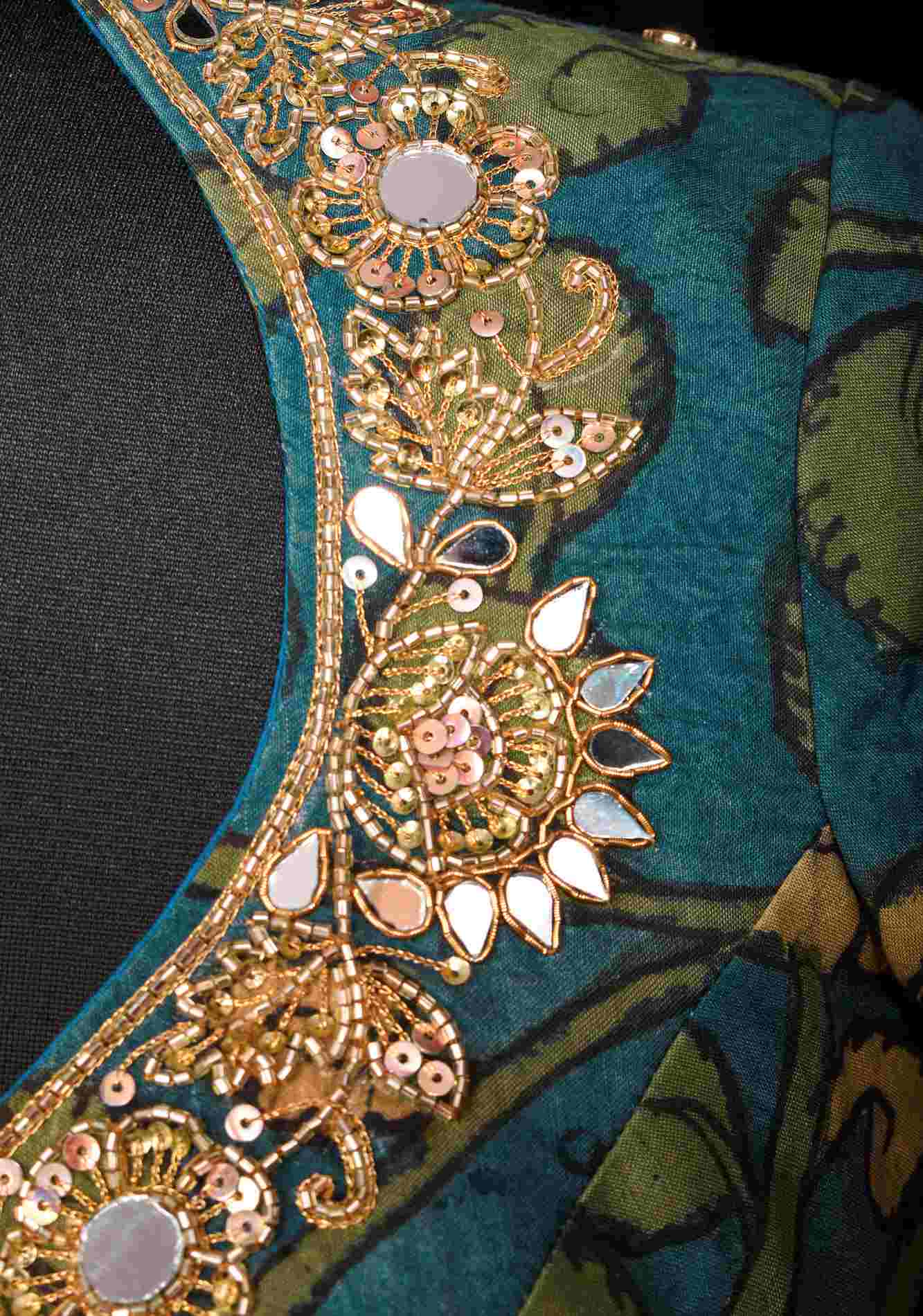 Teal Floral Authentic Pen Kalamkari Blouse with extensive Cutdana and Mirror work detailing, Customizable, Made To Order - Image 6