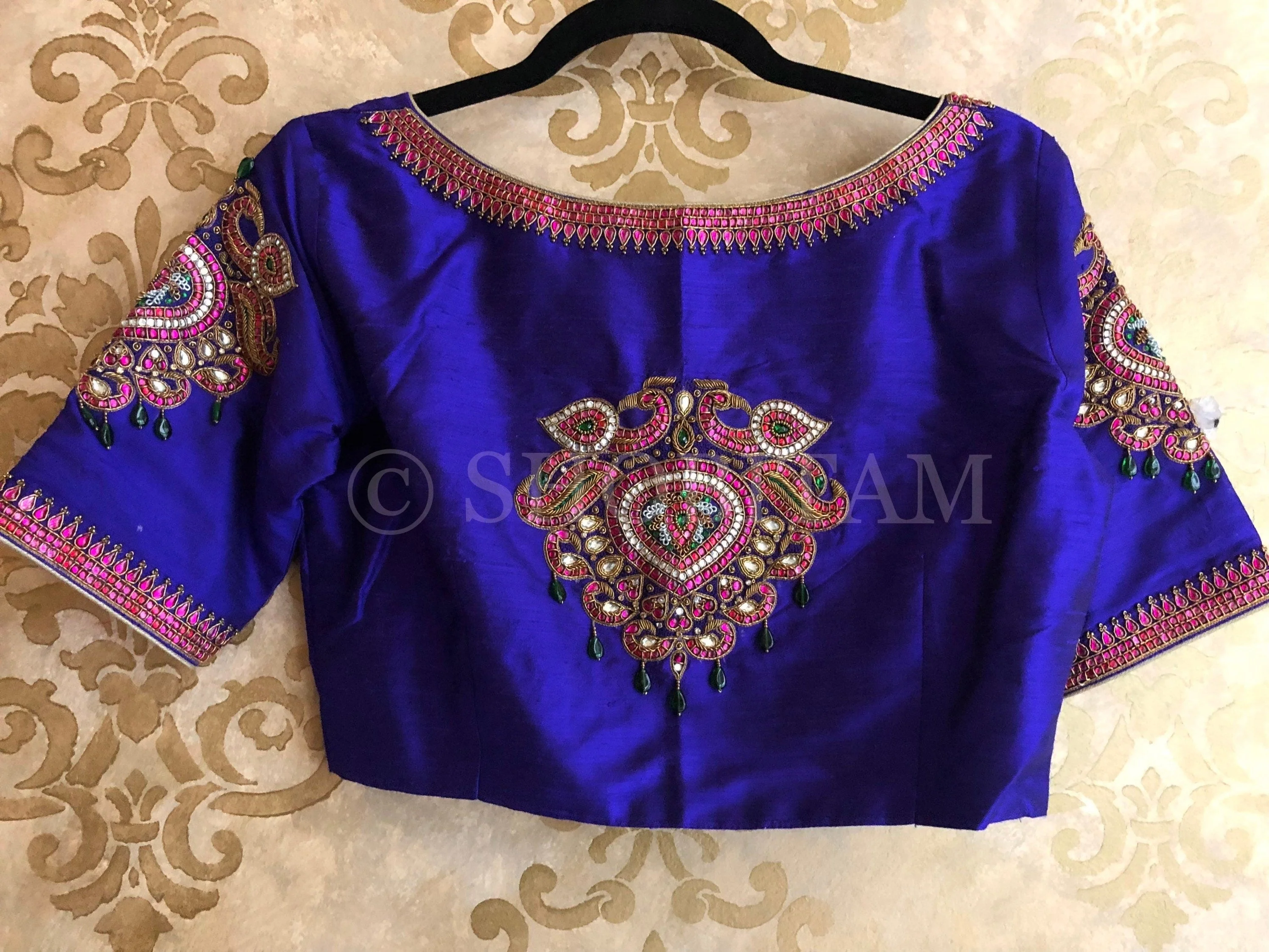Made to Order:  Temple Jewelry Style Jadau Blouse in Purple | Shobitam Blouse - Image 2
