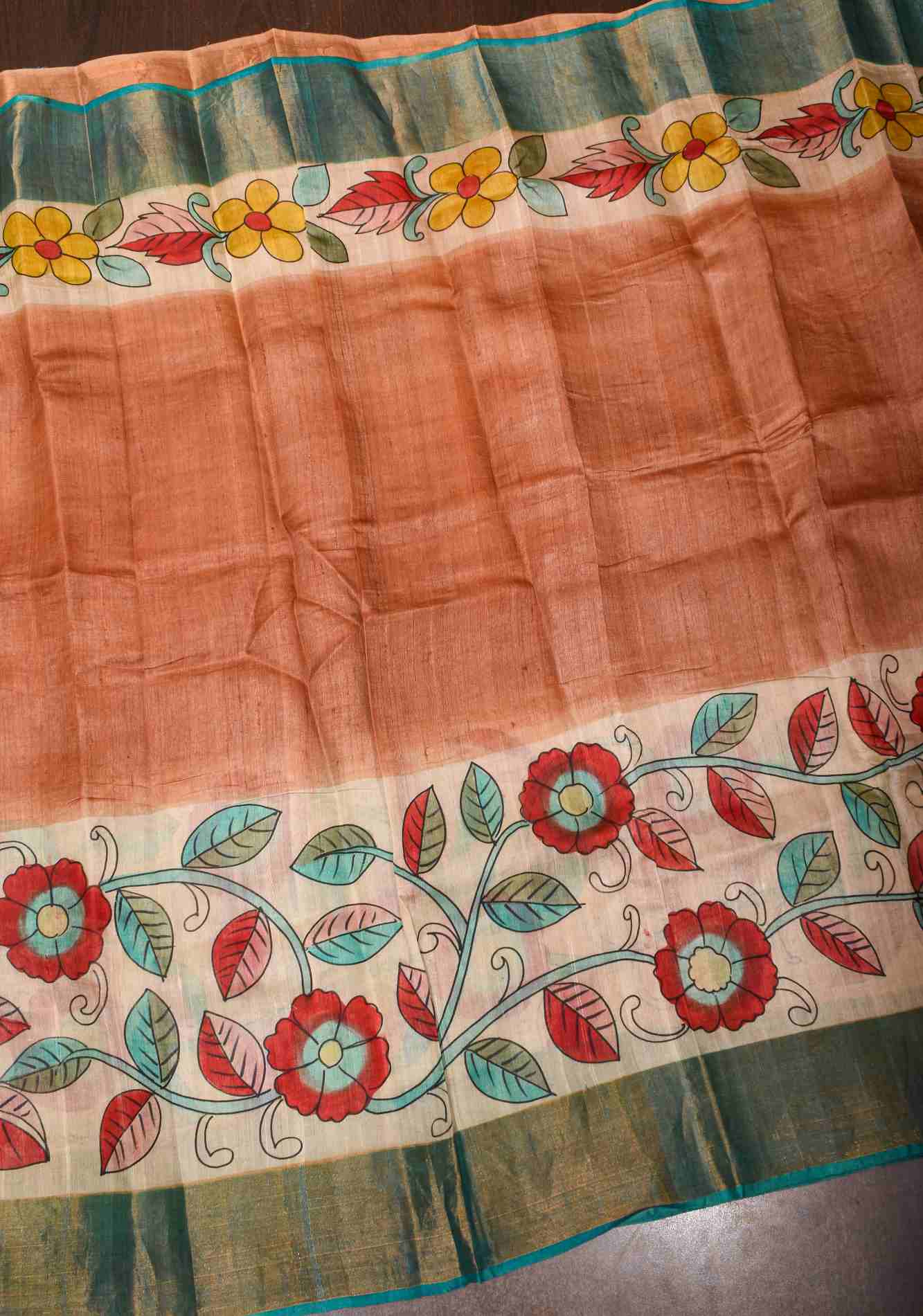 Terracotta Jari Tussar Silk Saree with Floral Kalamkari Digital Print Wrap in 1 minute saree - Image 2