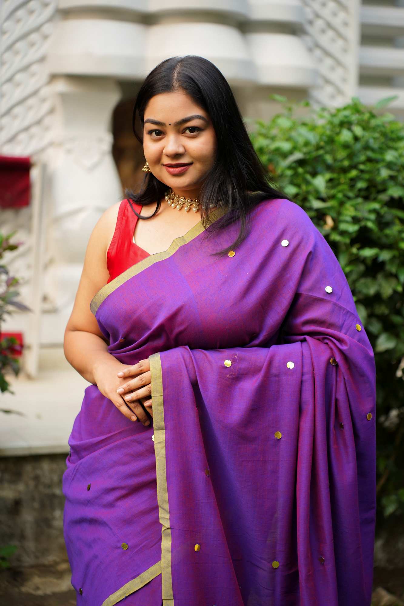 Color of royalty with handwoven Tikki all over - prestitched cotton silk saree - Image 4