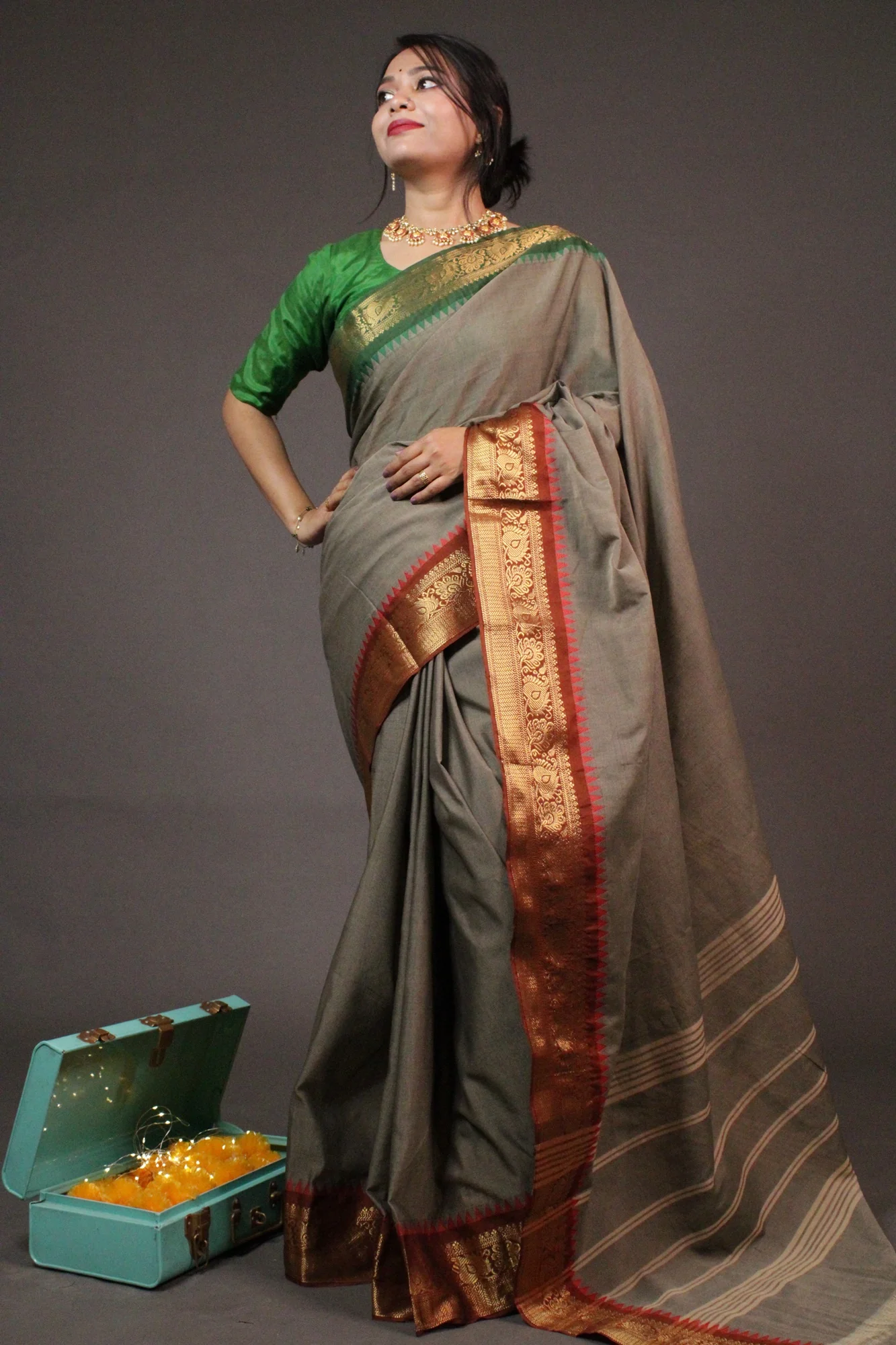 Theni Fine Cotton Wrap in 1 minute Saree with Chettinad Border - Image 3