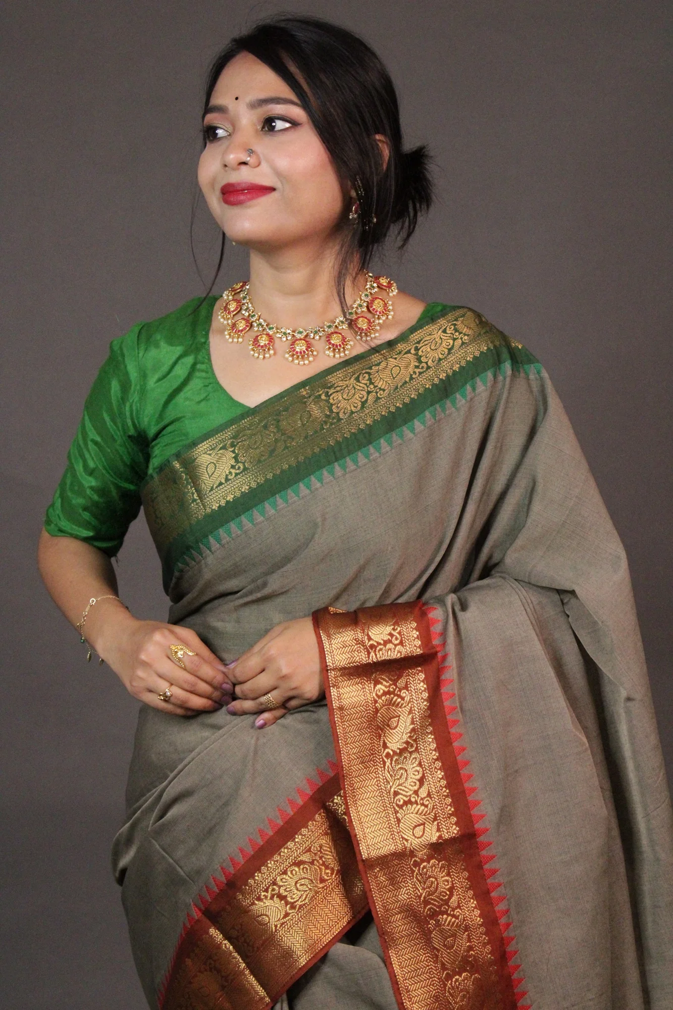 Theni Fine Cotton Wrap in 1 minute Saree with Chettinad Border - Image 4