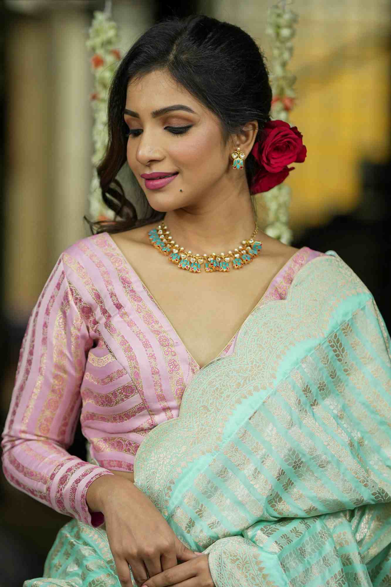 Thistle banarasi brocade plunge neck full sleeves blouse with goddess trinket detailing - Image 2