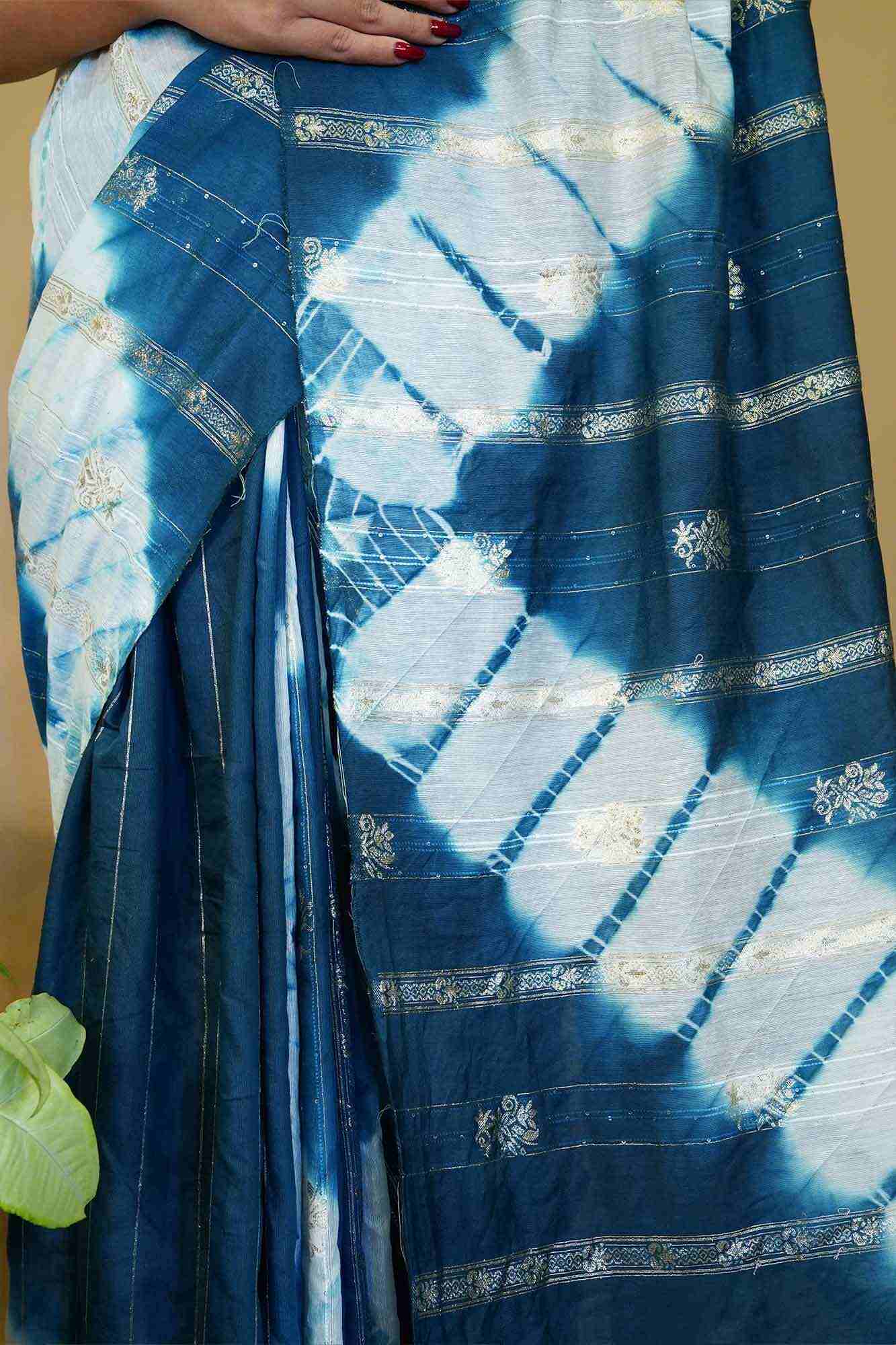 Tie and Dye Embellished  Cotton Silk With Woven Zari and Sequins With Tassal Pallo  Wrap in 1 minute saree - Image 5