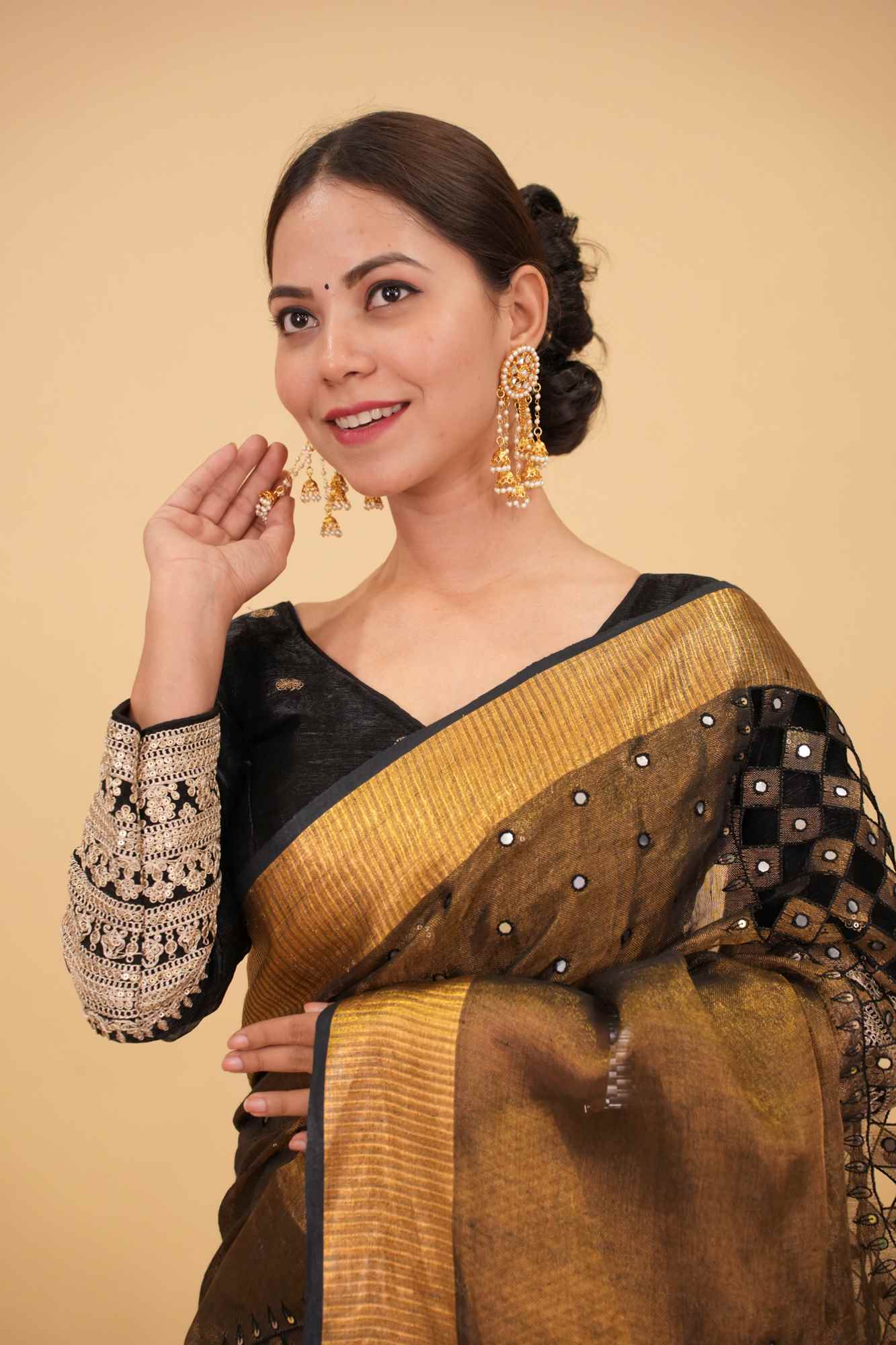 TISSUE BLACK SILVER EMBROIDERY WITH V NECK AND PEDDAD BLOUSE - Image 2