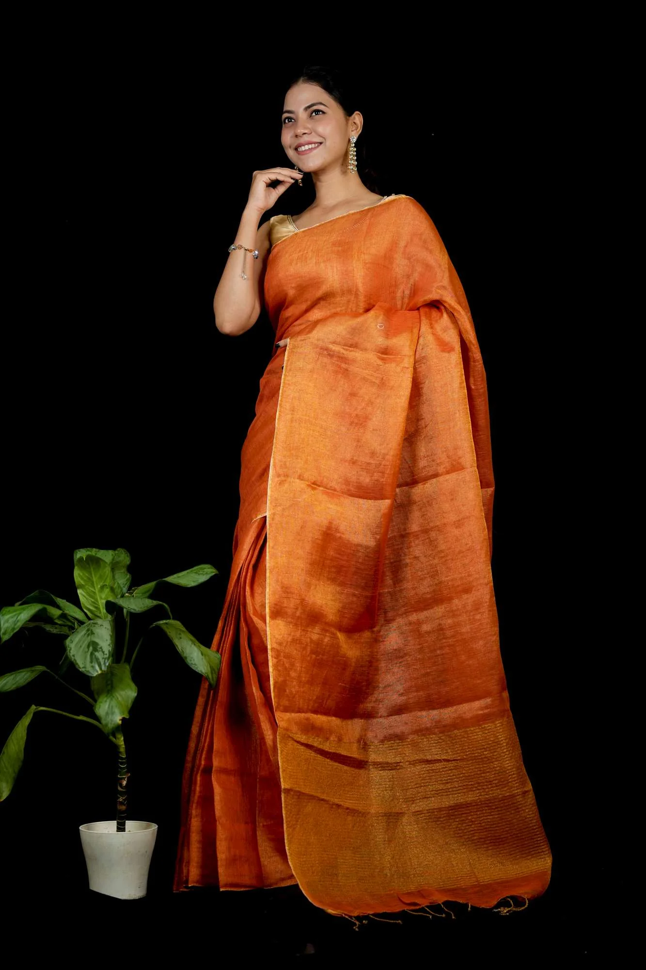 Tissue Linen with Zari Detailing & Tassels Ready To Wear Saree - Image 5