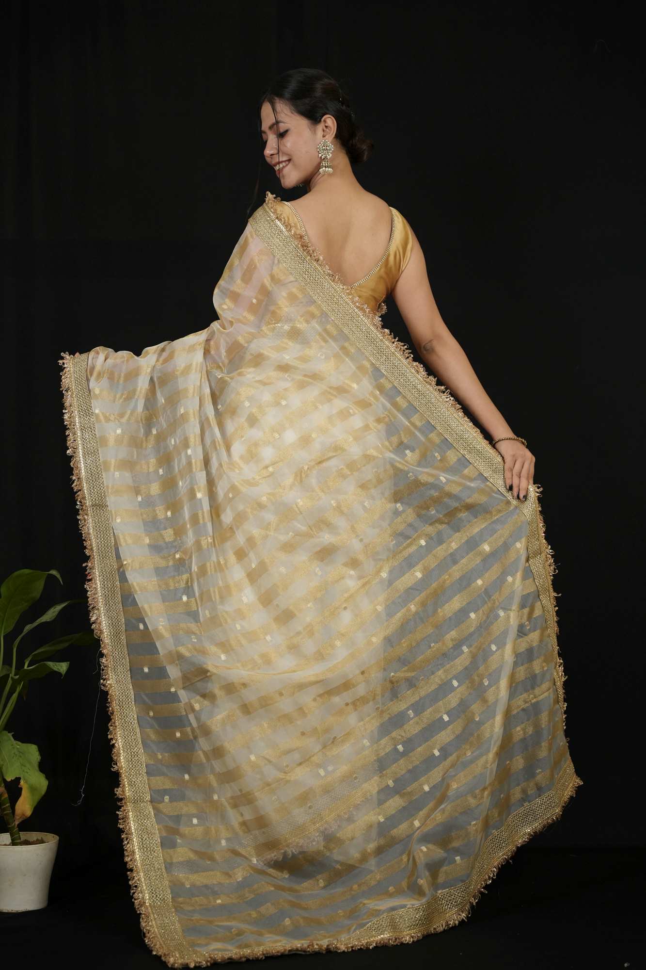 Tissue Silk Saree with Golden strips Ready to wear Saree - Image 5