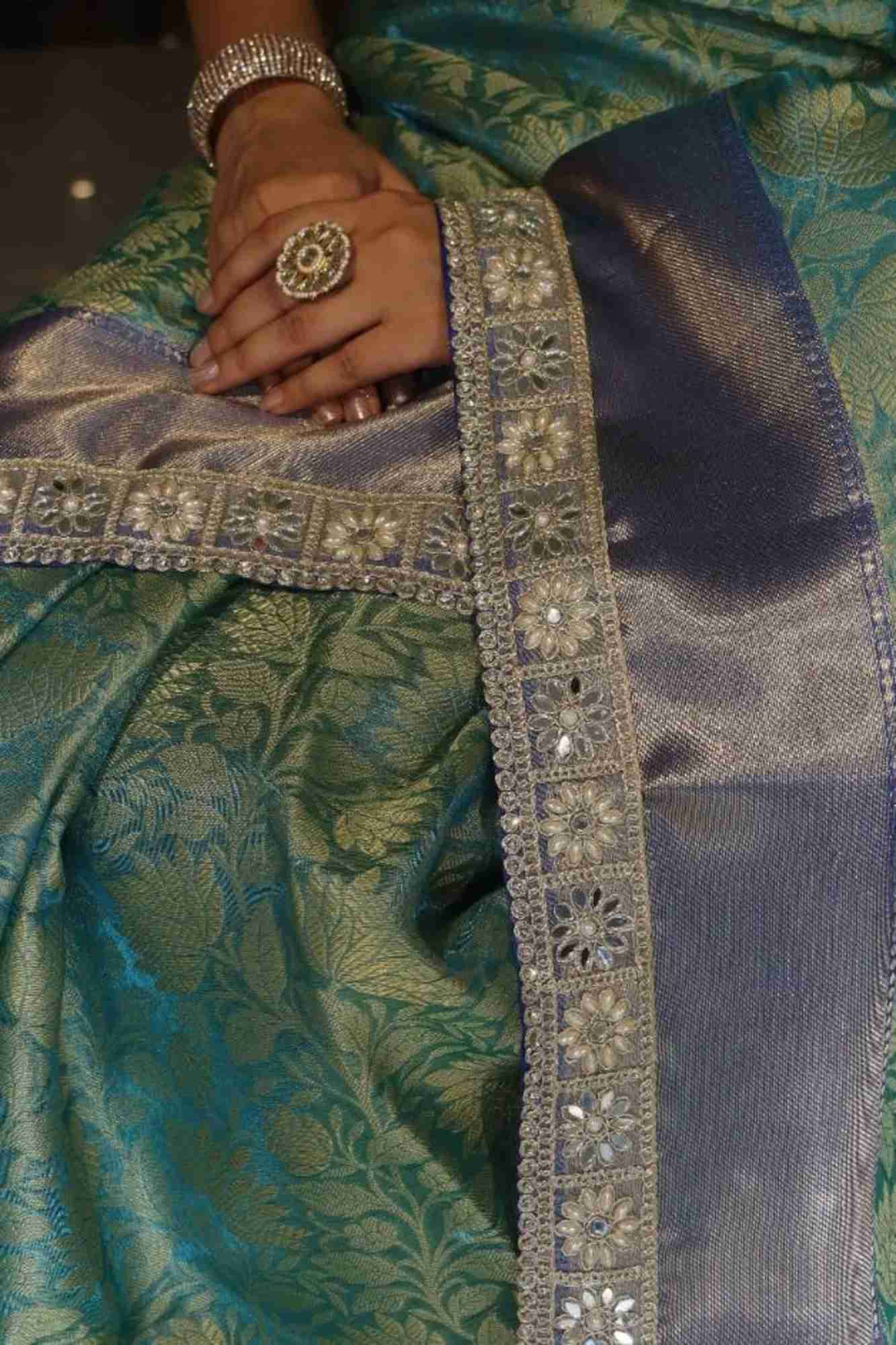 Tissue Silk with  Floral Zari Rice pearls With Mirror and sequin Border Ready To Wear Saree - Image 4