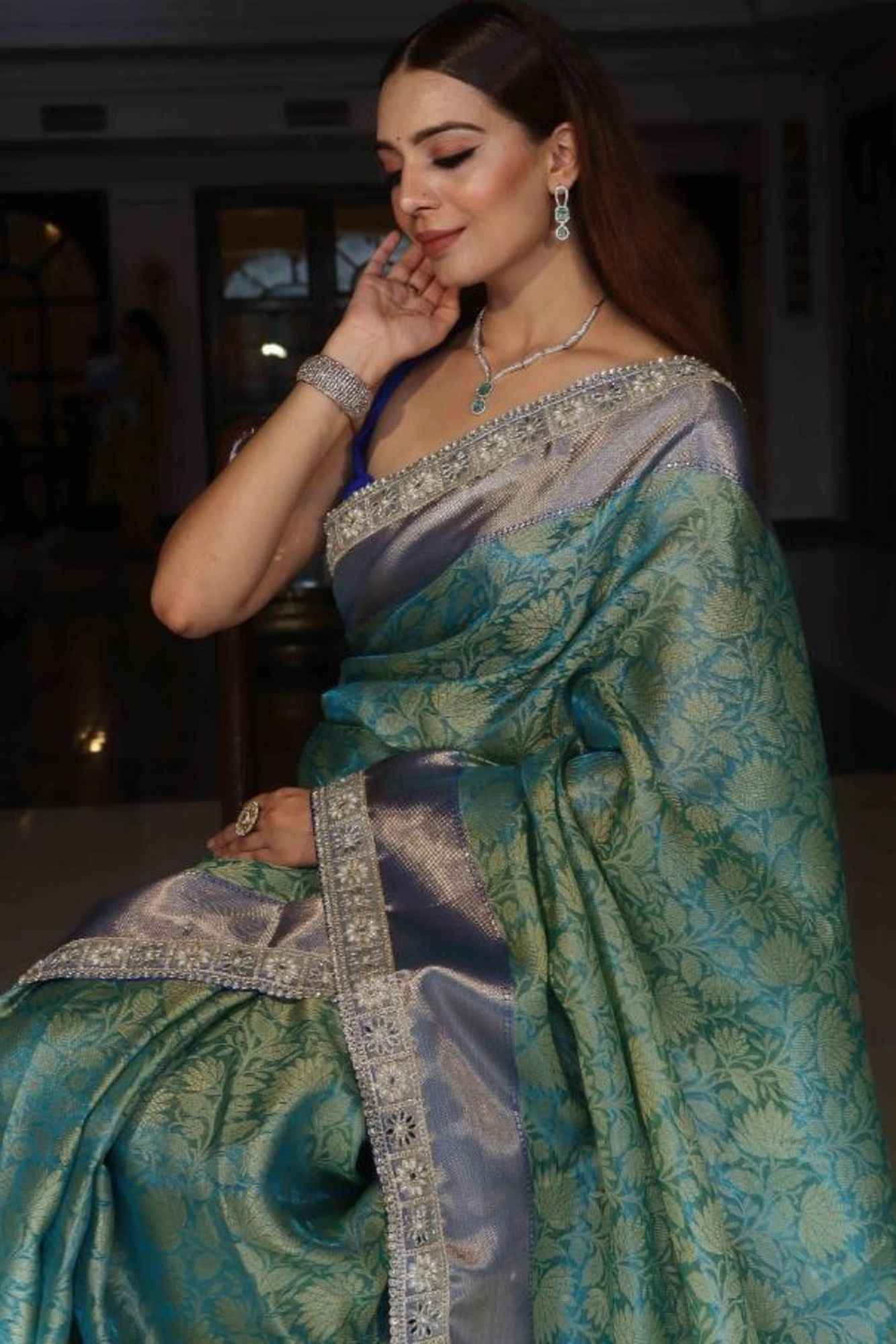 Tissue Silk with  Floral Zari Rice pearls With Mirror and sequin Border Ready To Wear Saree - Image 5