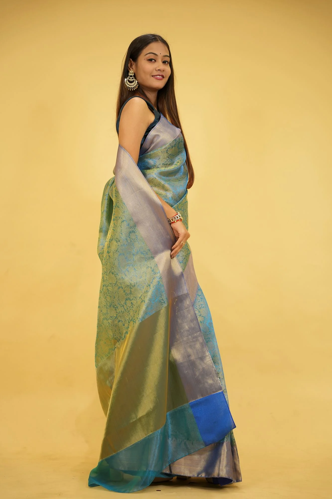 Tissue Silk with Gold Zari Floral Motifs & jacquards pallu  Ready To Wear Saree - Image 2