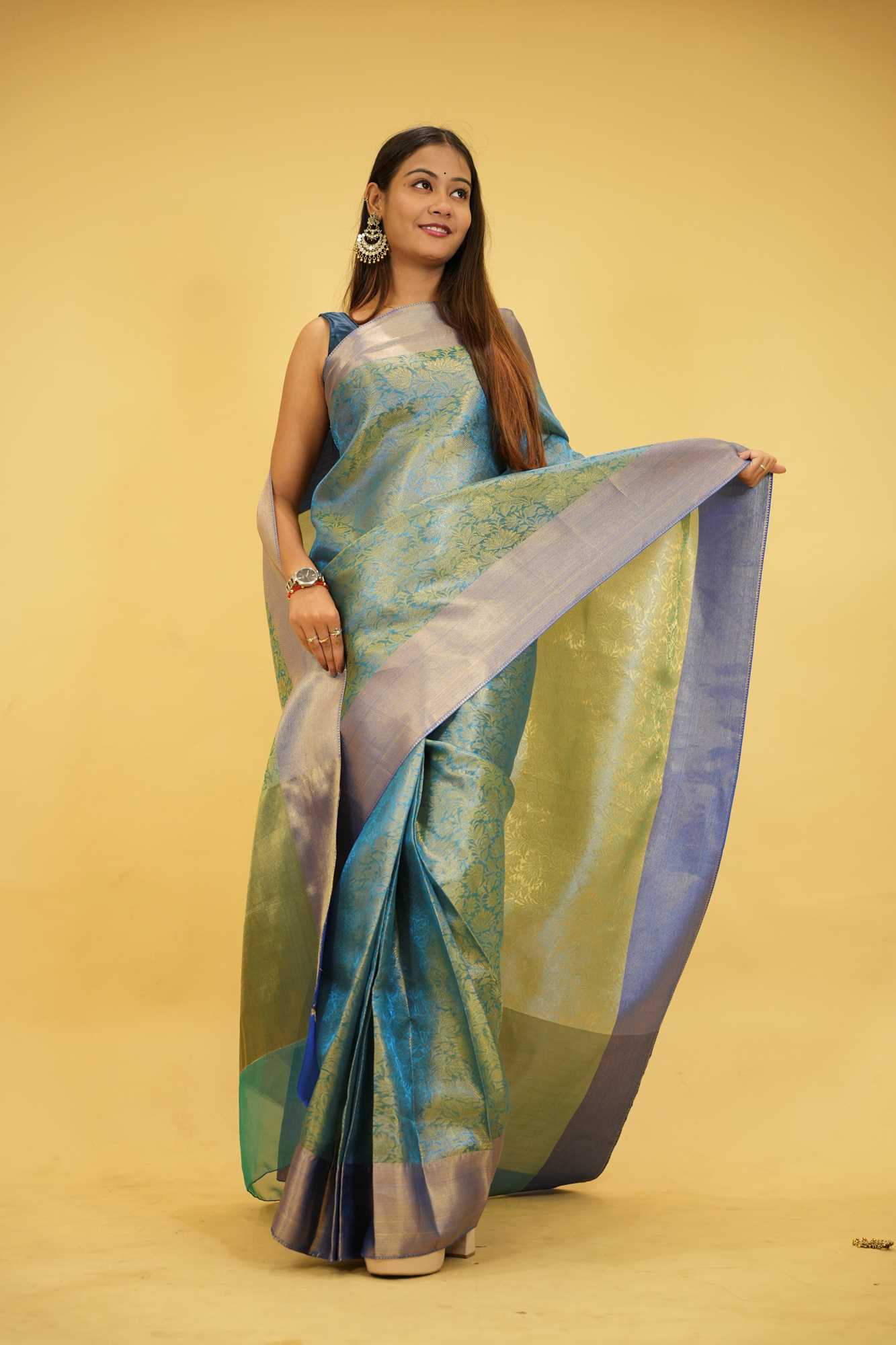 Tissue Silk with Gold Zari Floral Motifs & jacquards pallu  Ready To Wear Saree - Image 5