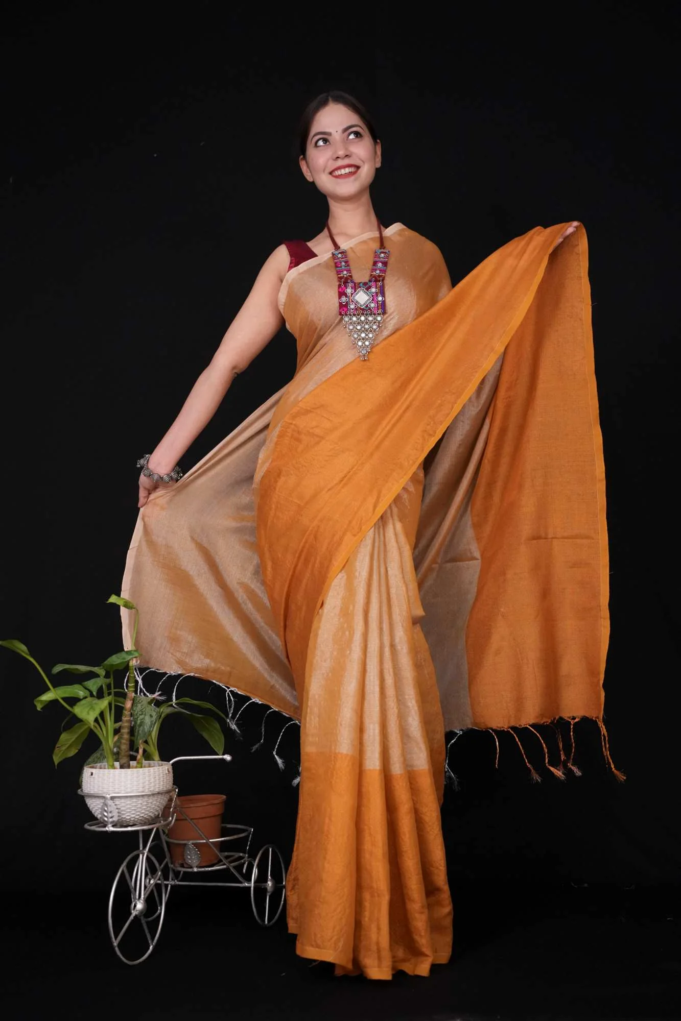 Tissue Zari Handloom Solid With Big Border & Tassels Ready To Wear Saree - Image 3