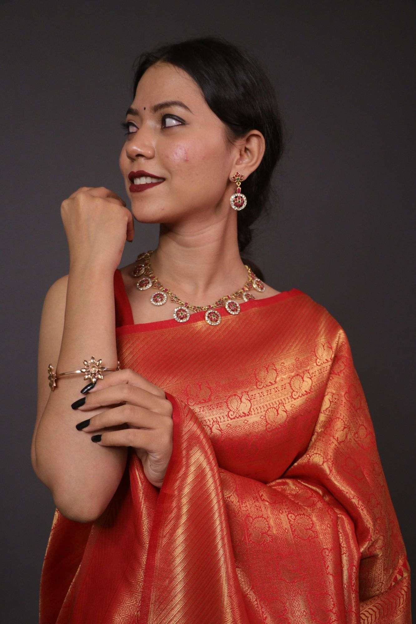 Tomato Red dhoop chaanv kanchipuram silk blend with pattu border wrap in 1 minute - Image 6