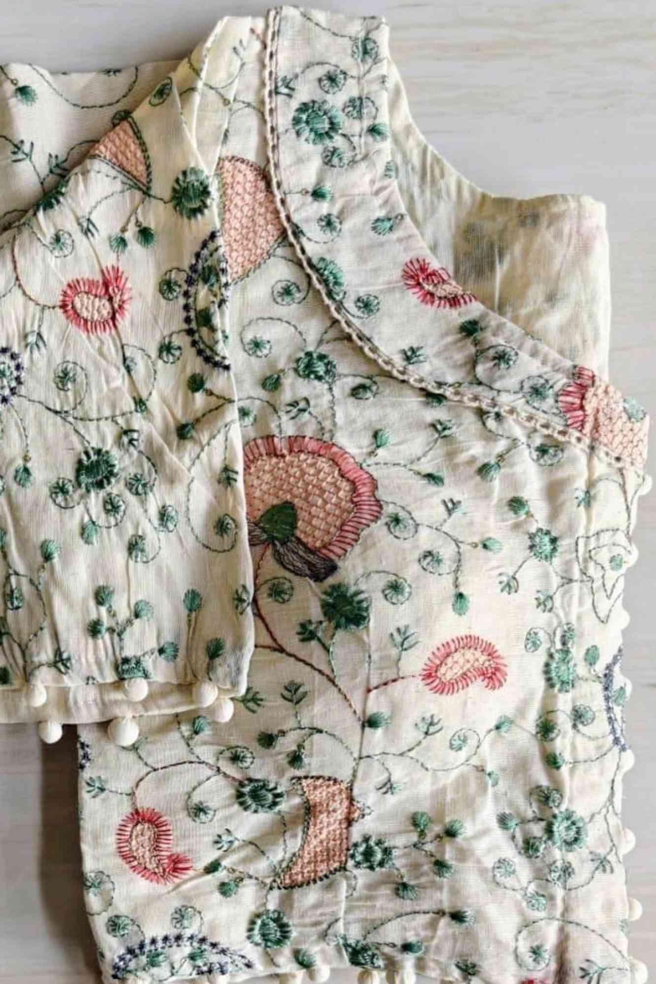 Traditional Camric Khadi Floral Embroidered Ready to Wear Blouse