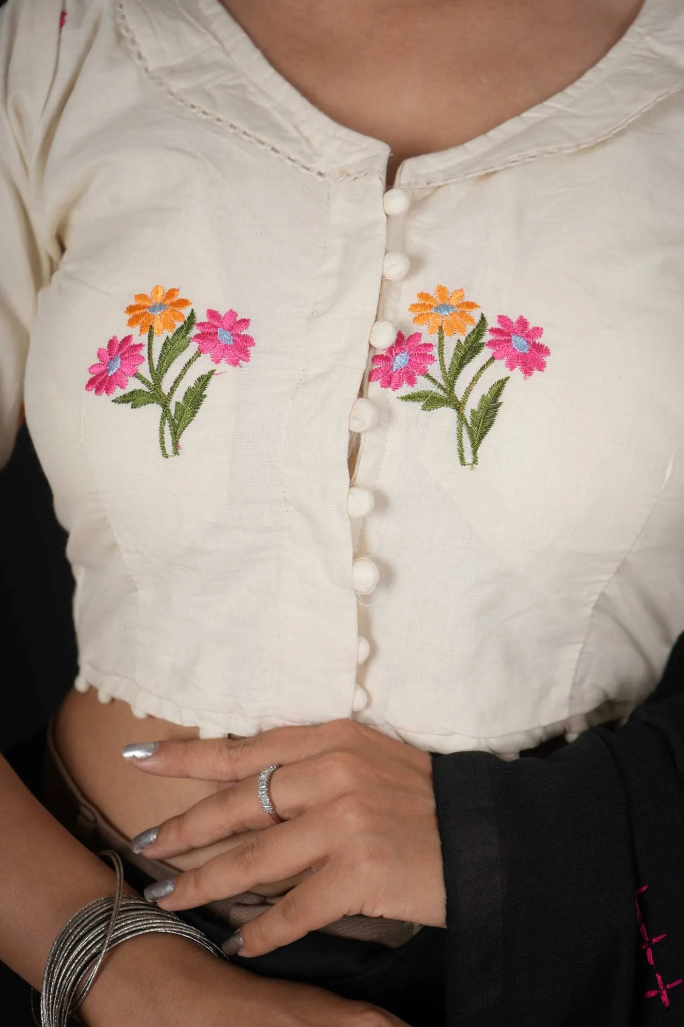 Traditional Camric Khadi White Floral Embroidered Blouse With Pompom on Sleeves - Image 5