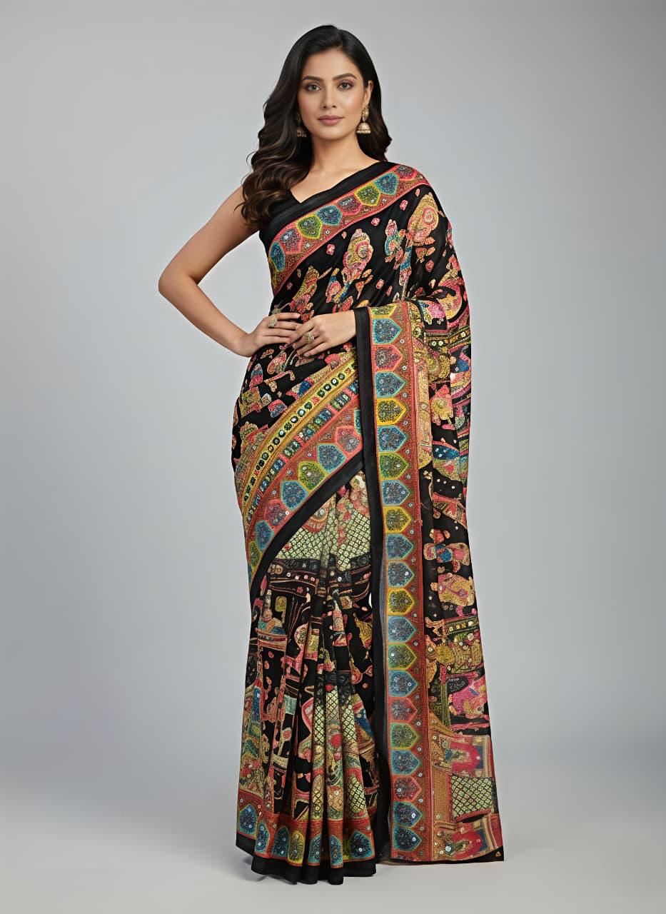 Traditional Heritage and Elephant Print masakali georgette all over  mirror work Ready to Wear Saree - Image 6