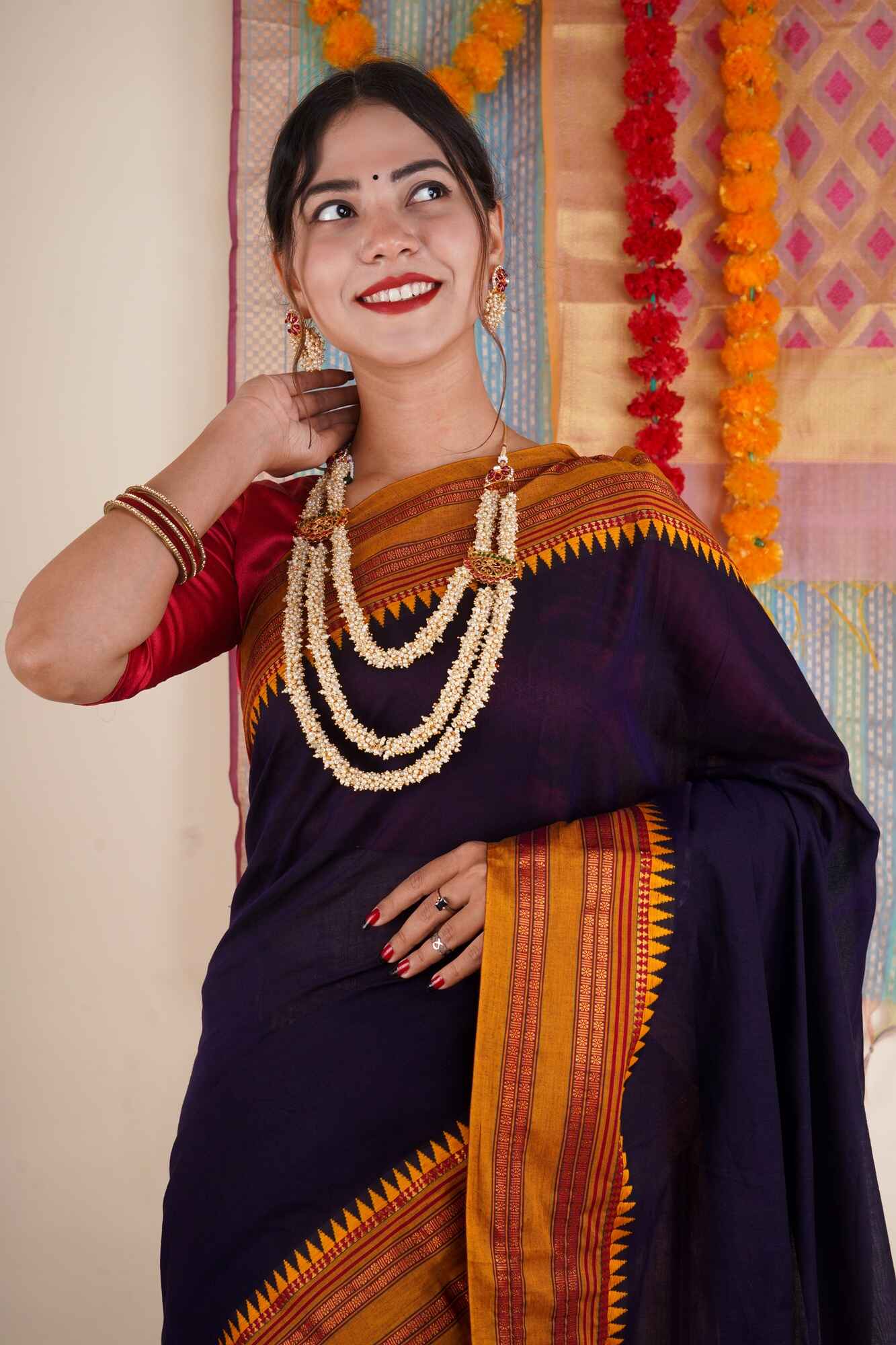 Traditional Ethnic Look with Deep Violet  Zari Naksha woven Border Pure Cotton Wrap in 1 minute Saree with Beaded Necklace Set - Image 7