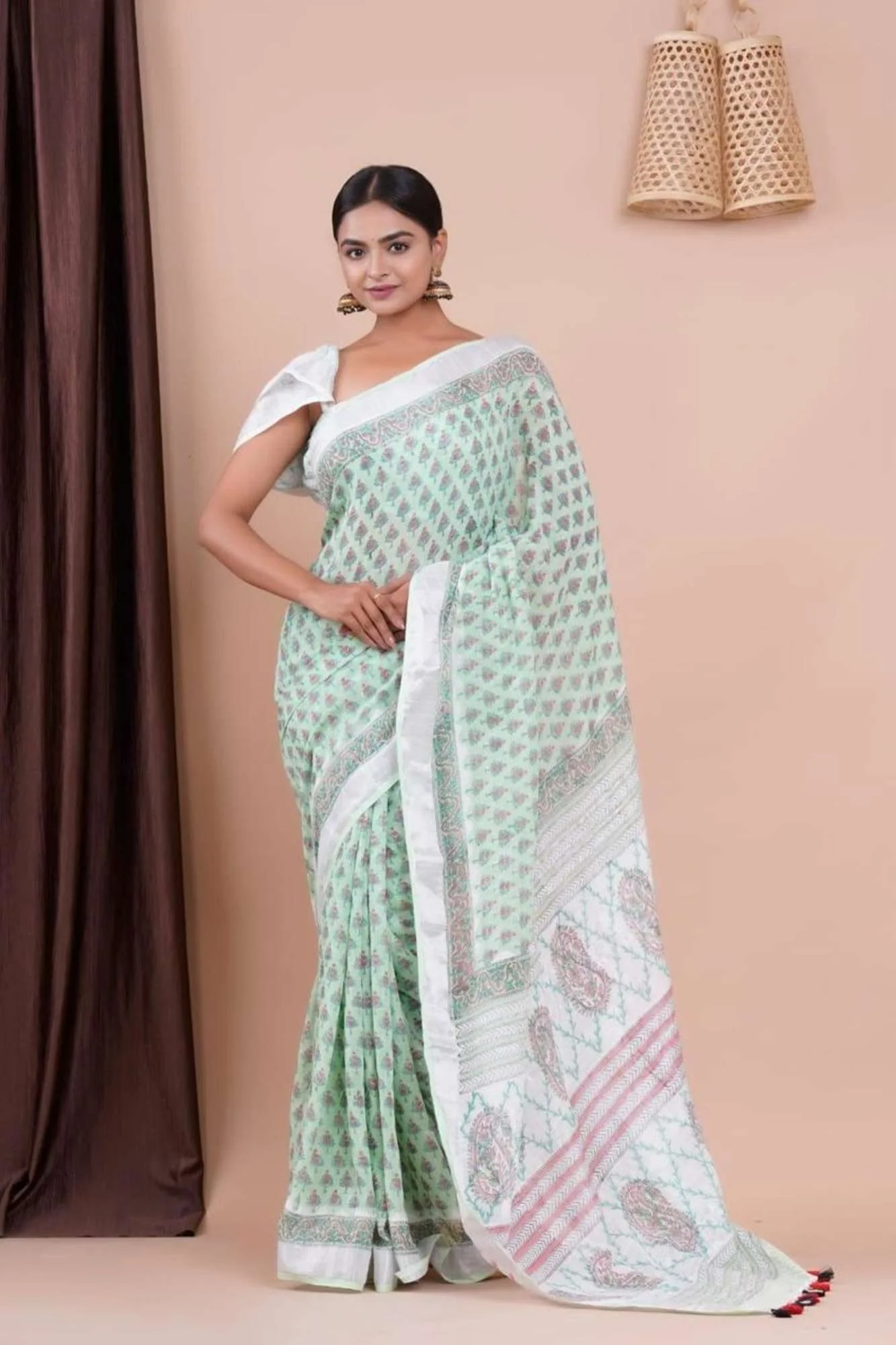Traditional Hand Block Linen Cotton Ready to Wear Saree