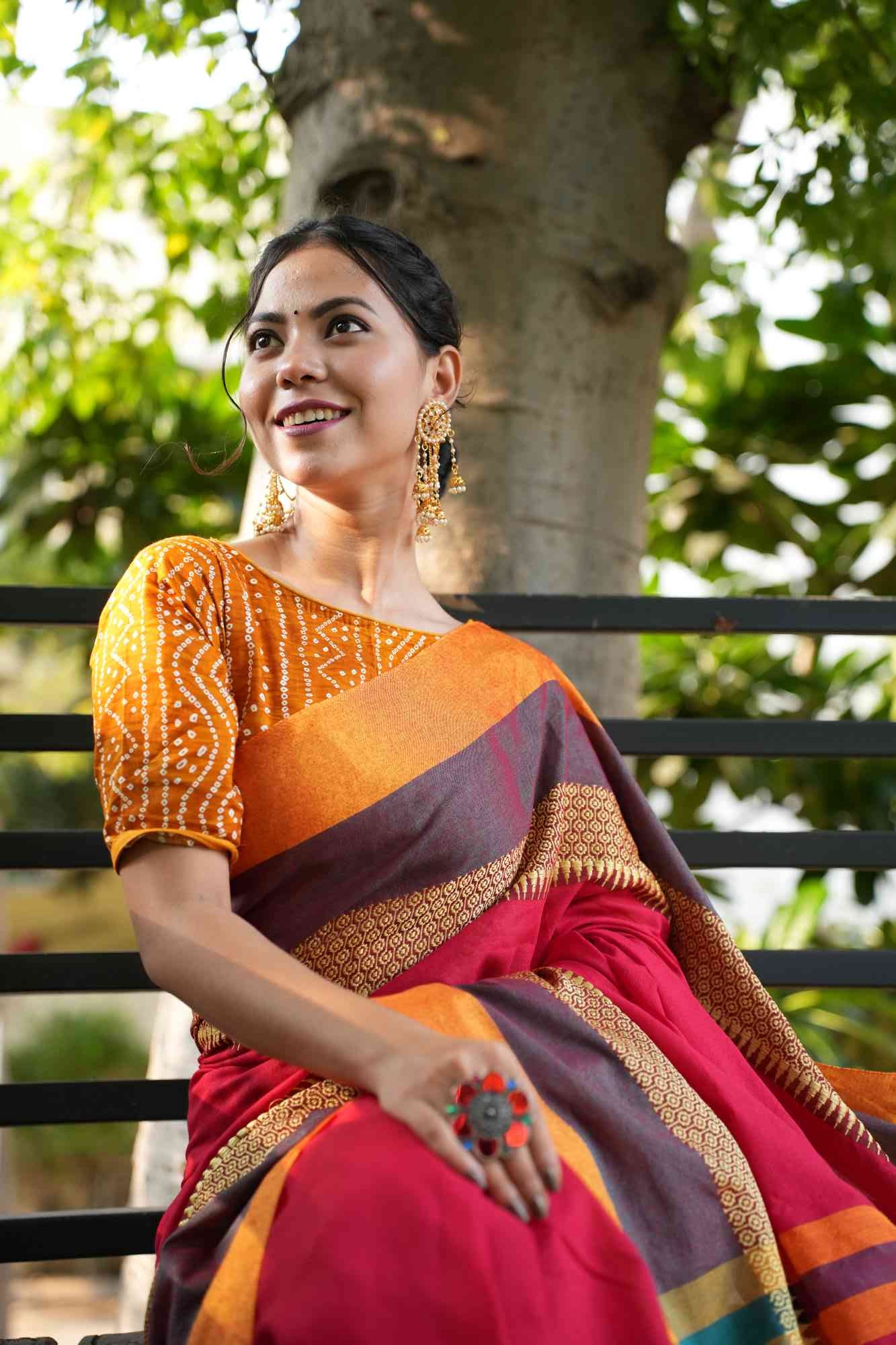 Traditional Handloom Weave Pure Cotton With Contrast Temple Bordered Ready To Wear Saree - Image 2