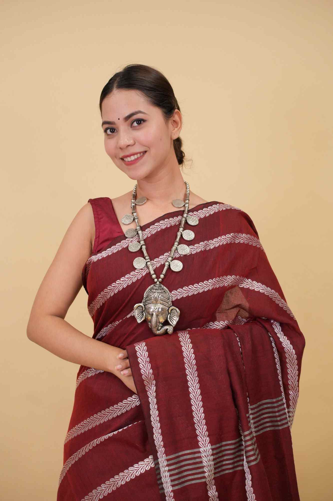 Traditional Naksha Weave  Red Maroon With Silver Thread Overall With Tassels On Pallu Pre Drape Saree - Image 7
