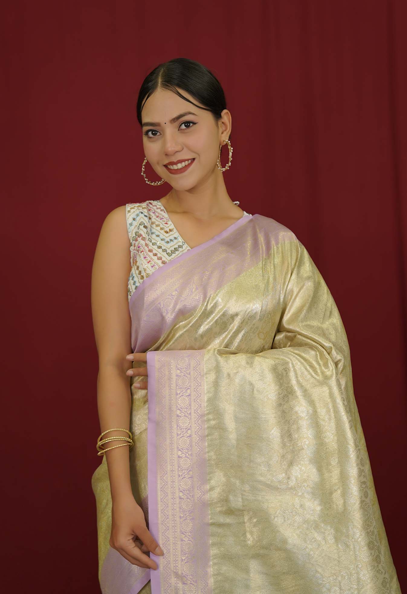 Traditional Styled Kanjeevaram Creme With pink Contrast Border & Paisley  Wrap In One Minute Saree - Image 6