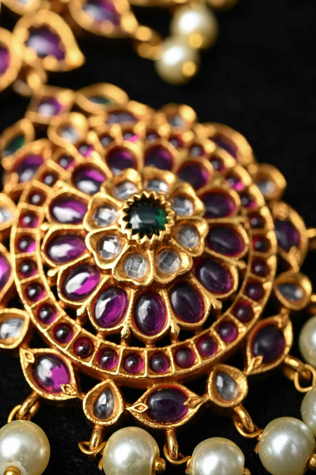 Traditional Temple Jadau Necklace Set with Mandala Pendant and kemp and Pearl Accents - Image 3