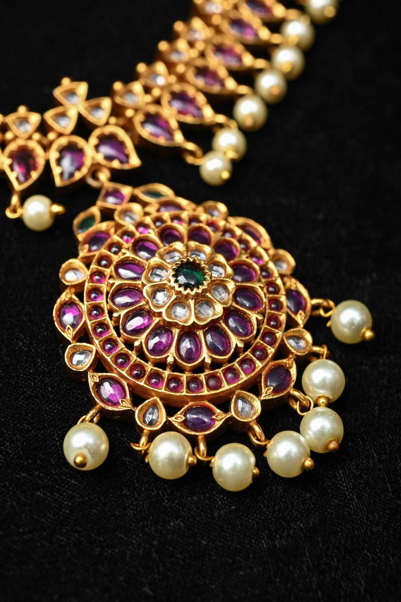 Traditional Temple Jadau Necklace Set with Mandala Pendant and kemp and Pearl Accents - Image 6