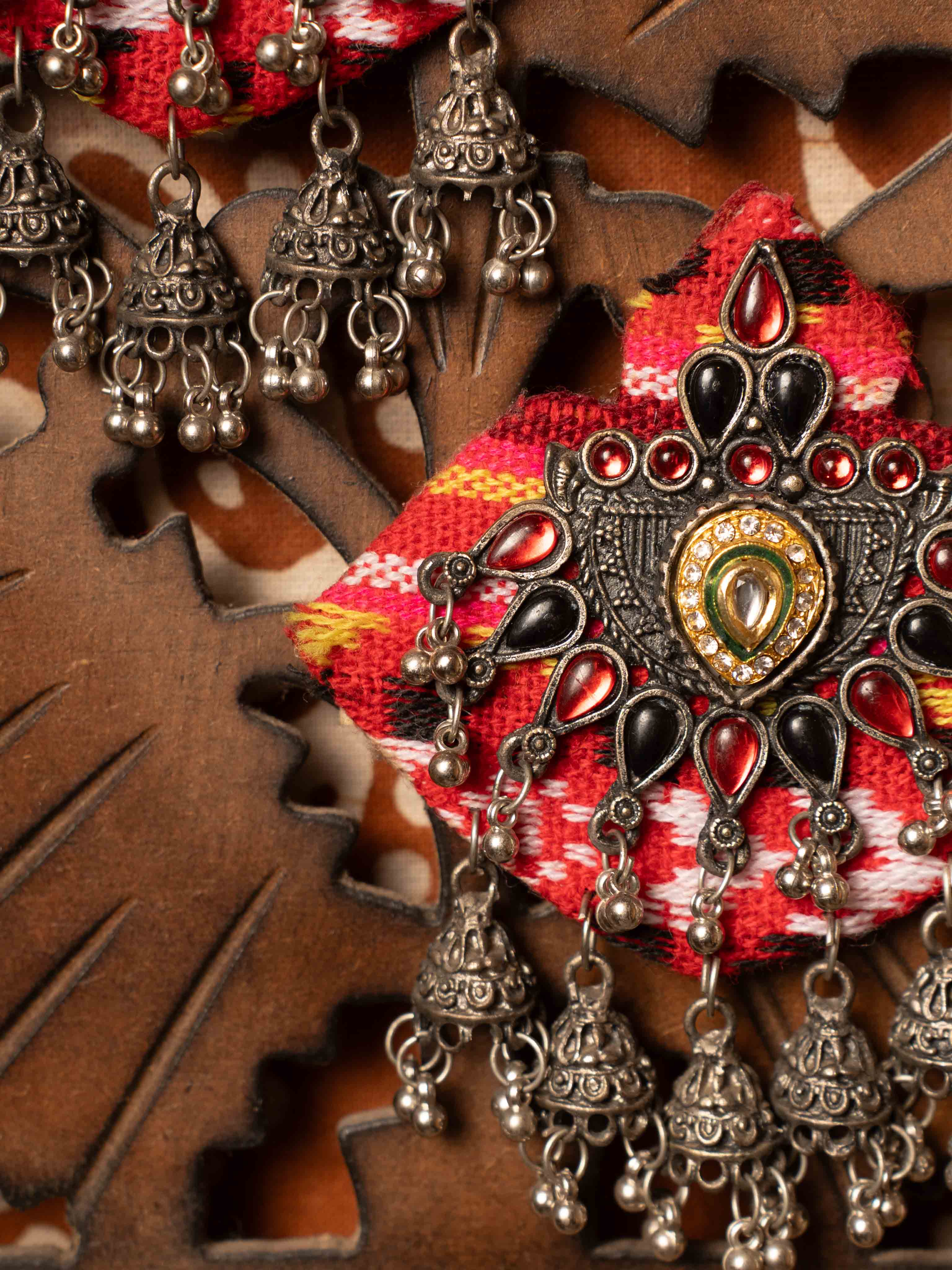 Tribal Fabric Statement Earrings with Antique Jhumka Danglers & Red Stone Embellishments - Image 2