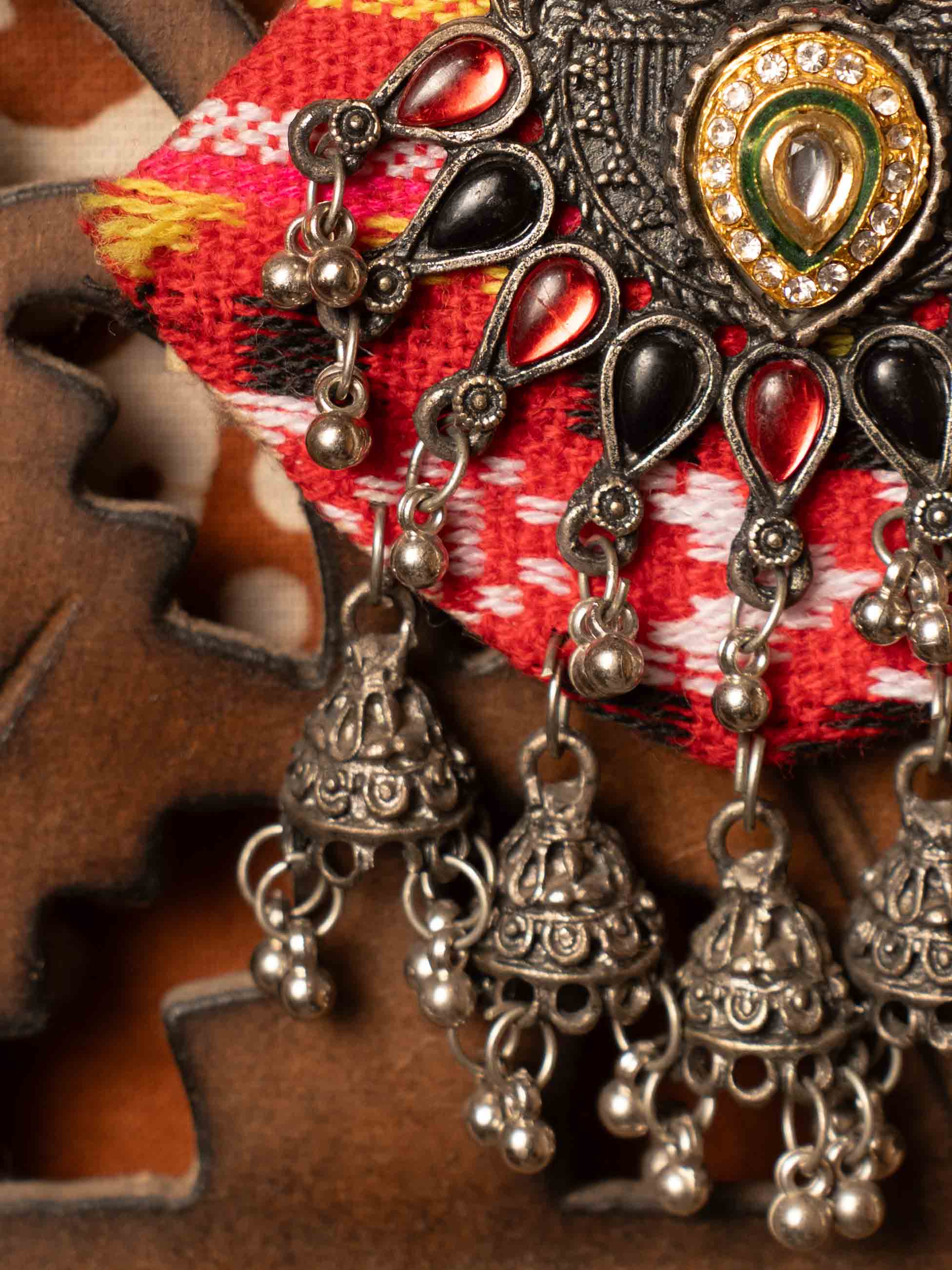 Tribal Fabric Statement Earrings with Antique Jhumka Danglers & Red Stone Embellishments - Image 4
