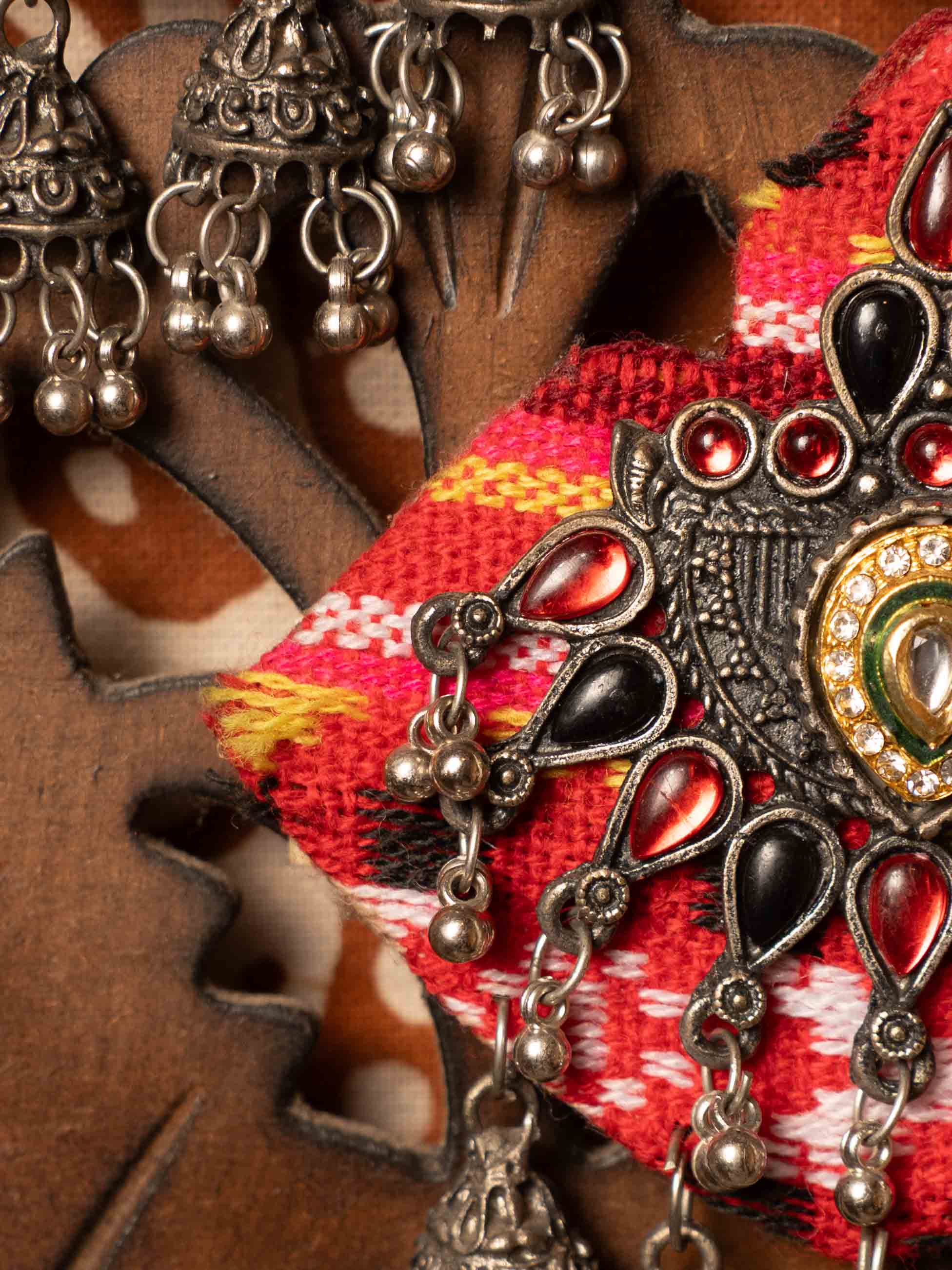 Tribal Fabric Statement Earrings with Antique Jhumka Danglers & Red Stone Embellishments - Image 5
