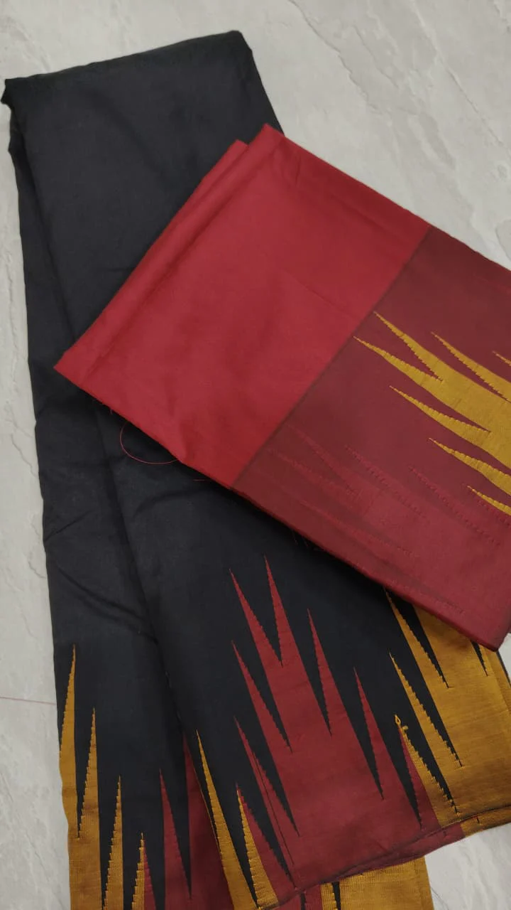 Two tone, Two side Temple Border on black Art Silk Saree | Shobitam - Image 8