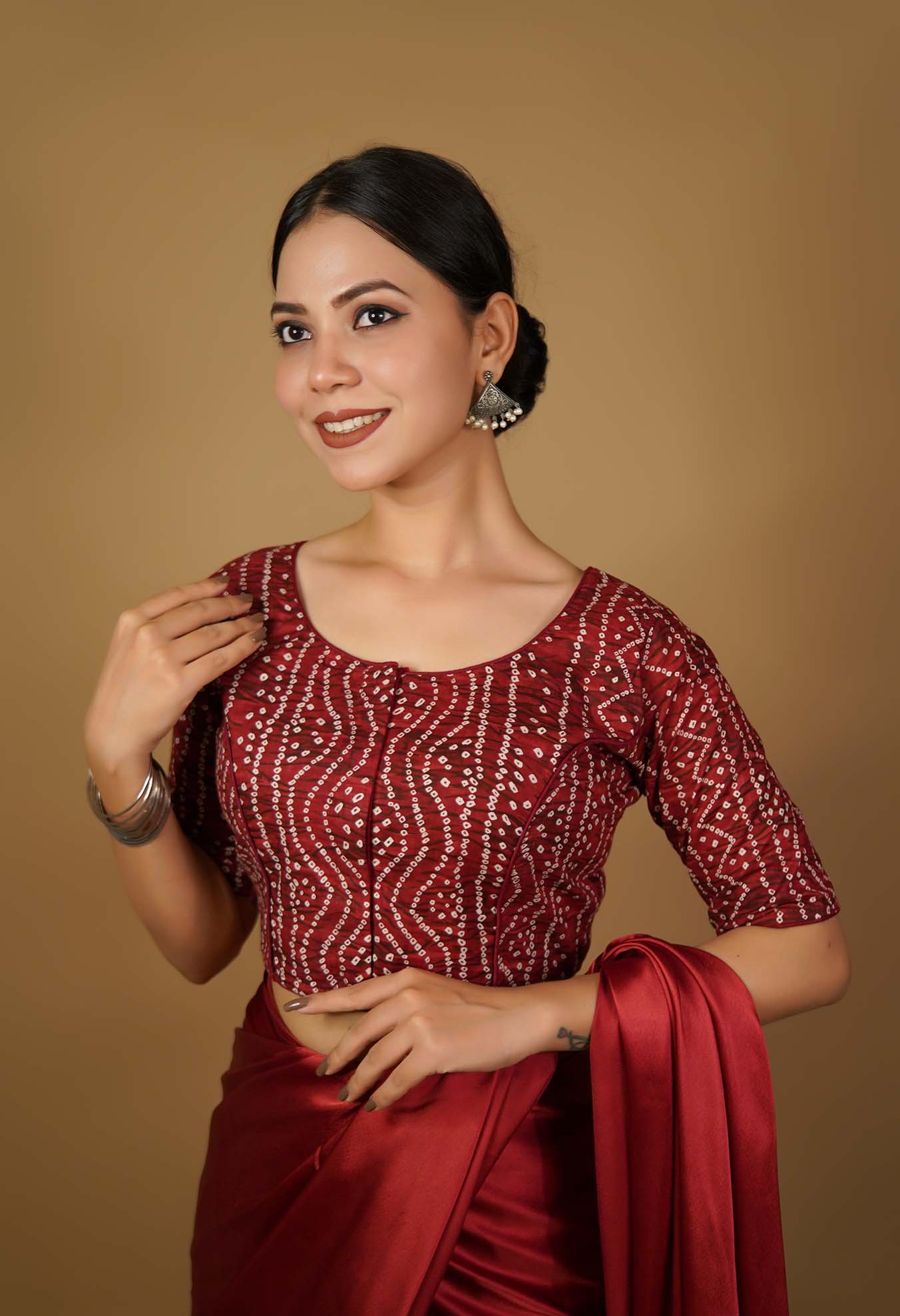 U neck bandhej printed front buttoned soft cotton silk blend blouse - Image 3