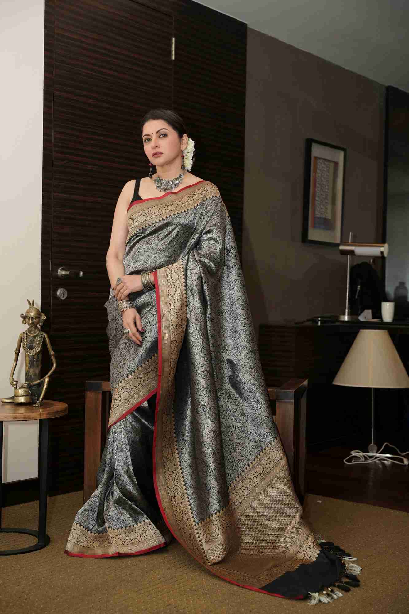 Bhagyashree Unique Black Vasket weave on Banarasi Katan Silk Saree with Silver Paisley Zari Brocade and Zari Border | SILK MARK CERTIFIED Ready To Wear Saree - Image 6