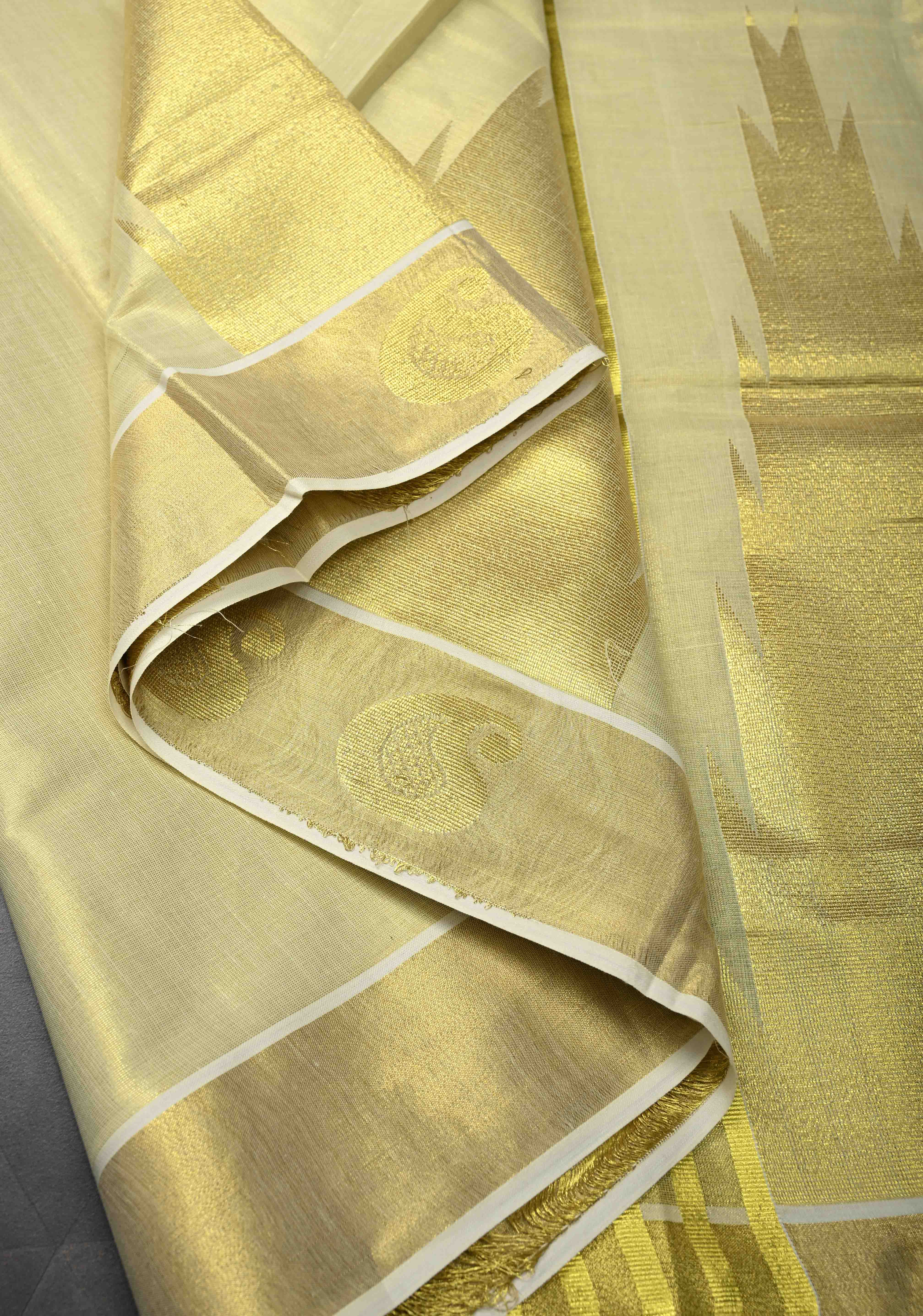 Tissue Cotton Saree with Elongated Temple Zari Motifs | Shobitam - Image 8