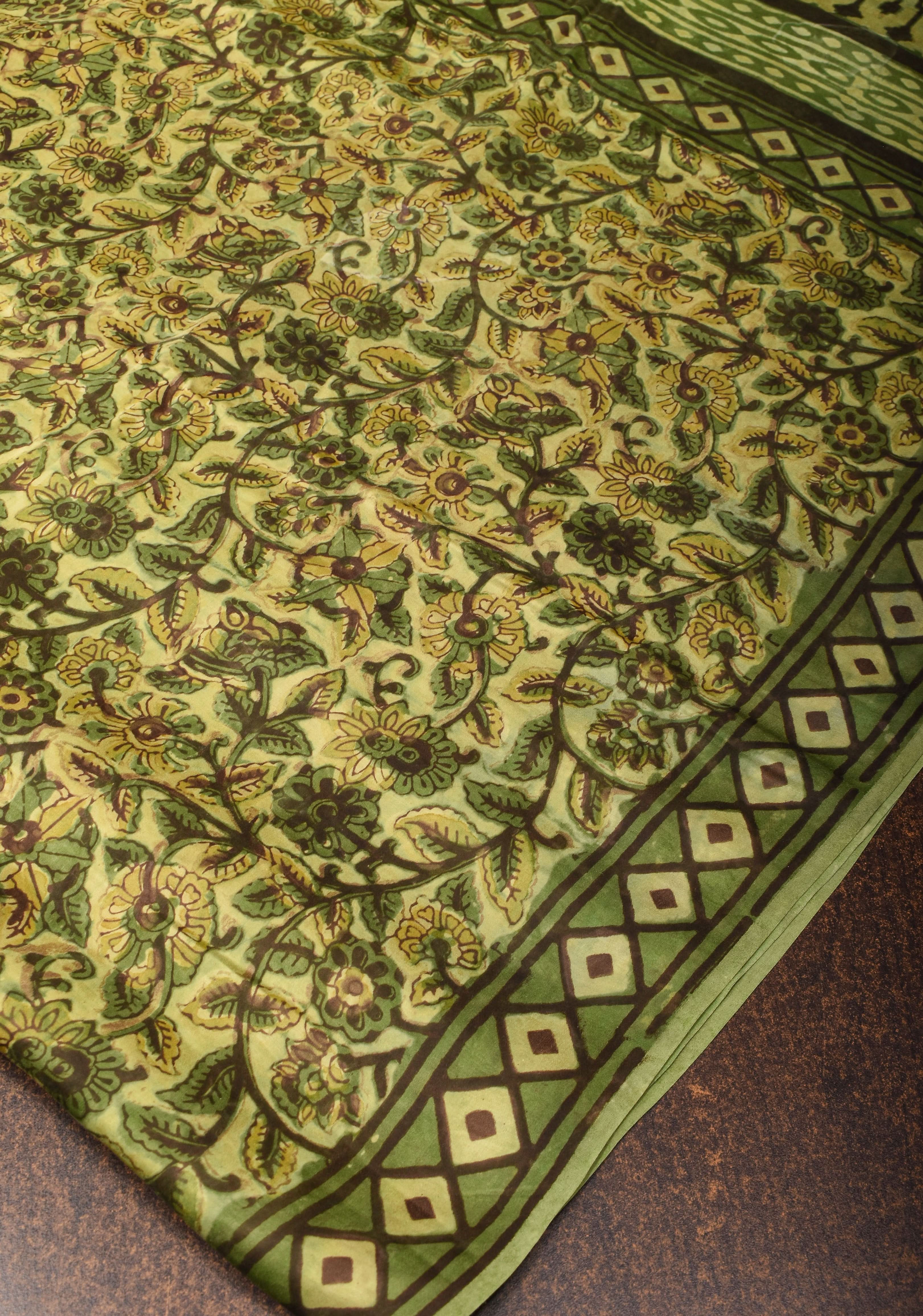 Vanaspati Hand Block Print on Modal Silk Saree in Moss Green with Kalamkari Border and Angoor latkans | Shobitam - Image 12