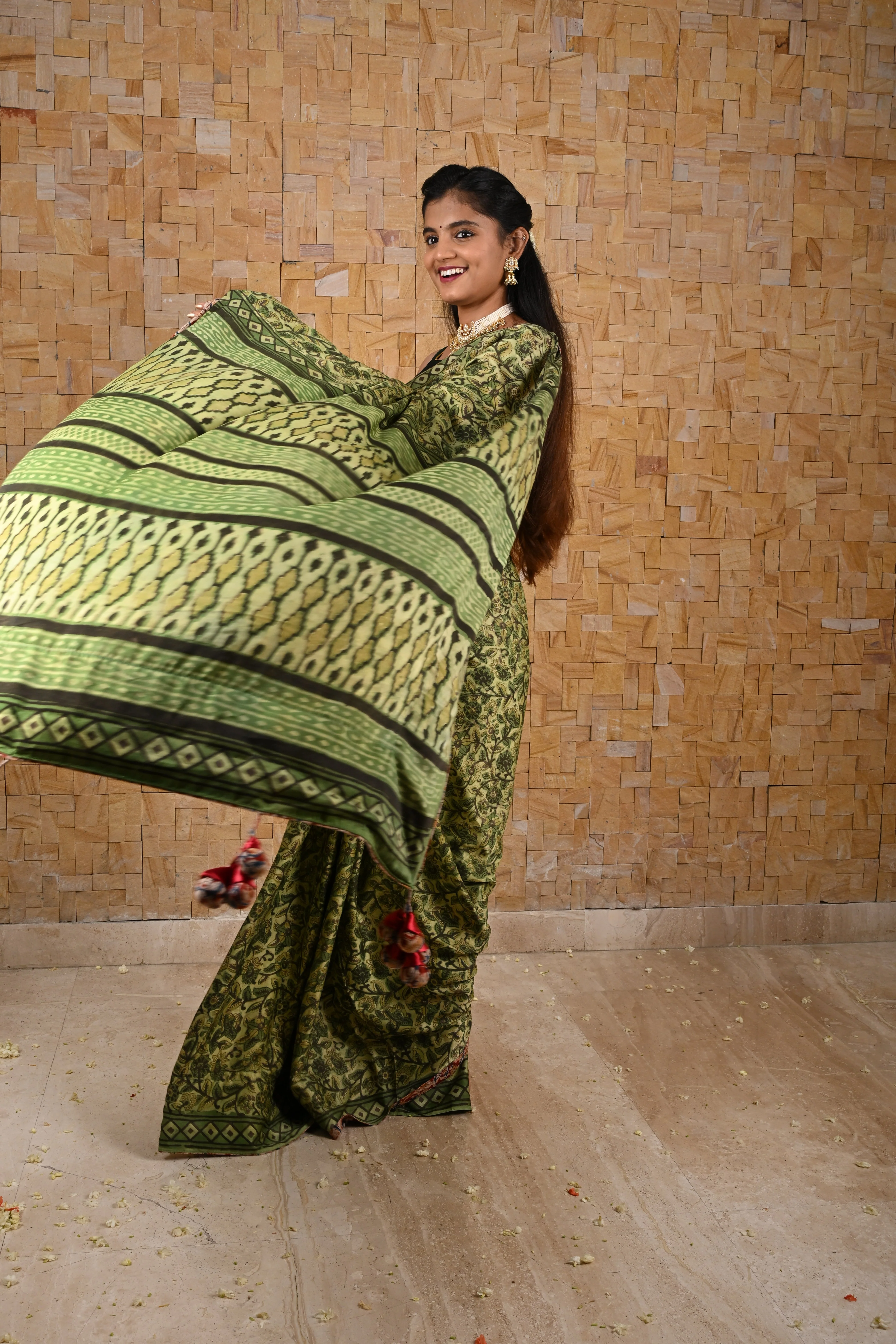 Vanaspati Hand Block Print on Modal Silk Saree in Moss Green with Kalamkari Border and Angoor latkans | Shobitam - Image 2