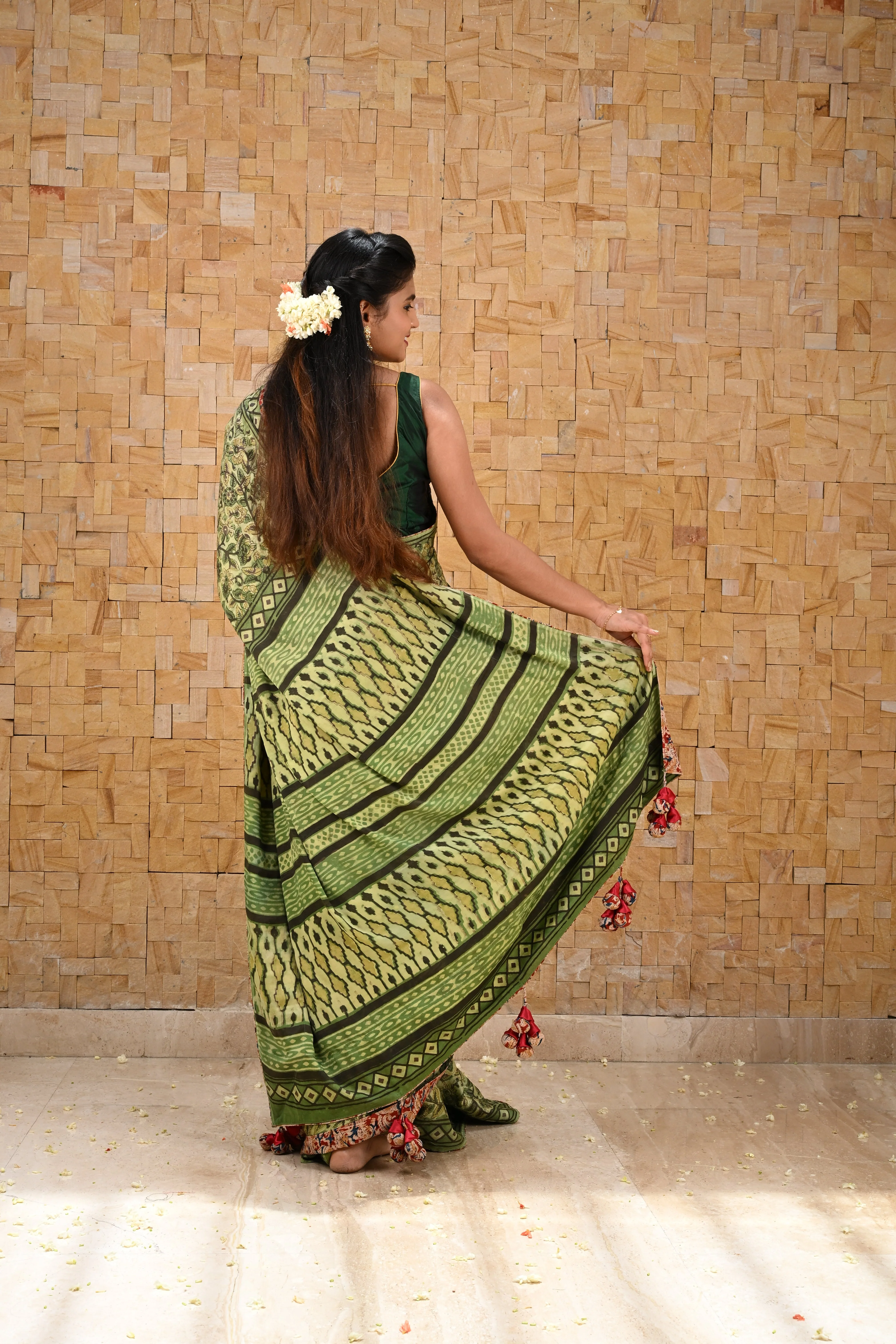 Vanaspati Hand Block Print on Modal Silk Saree in Moss Green with Kalamkari Border and Angoor latkans | Shobitam - Image 3