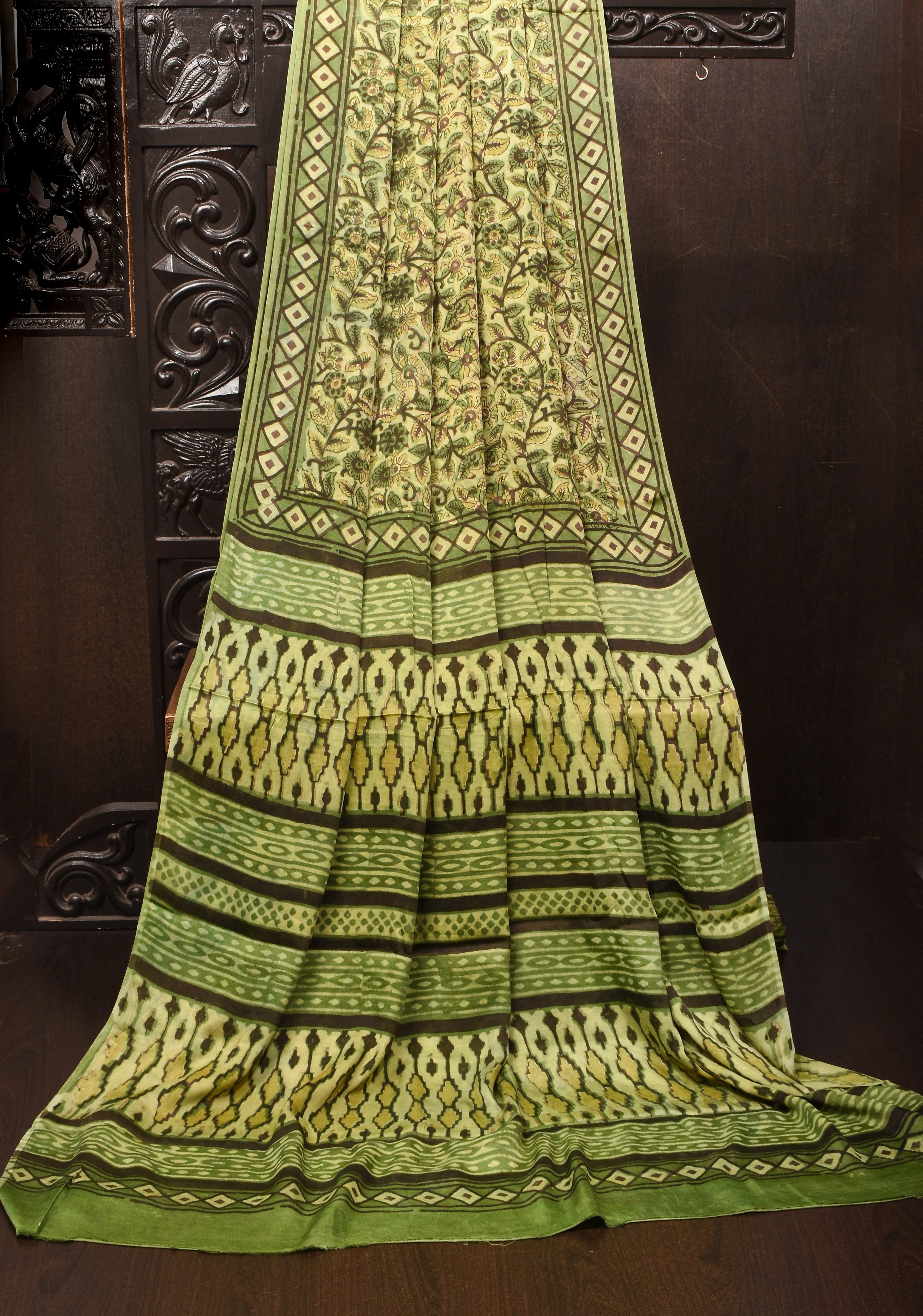 Vanaspati Hand Block Print on Modal Silk Saree in Moss Green with Kalamkari Border and Angoor latkans | Shobitam - Image 7