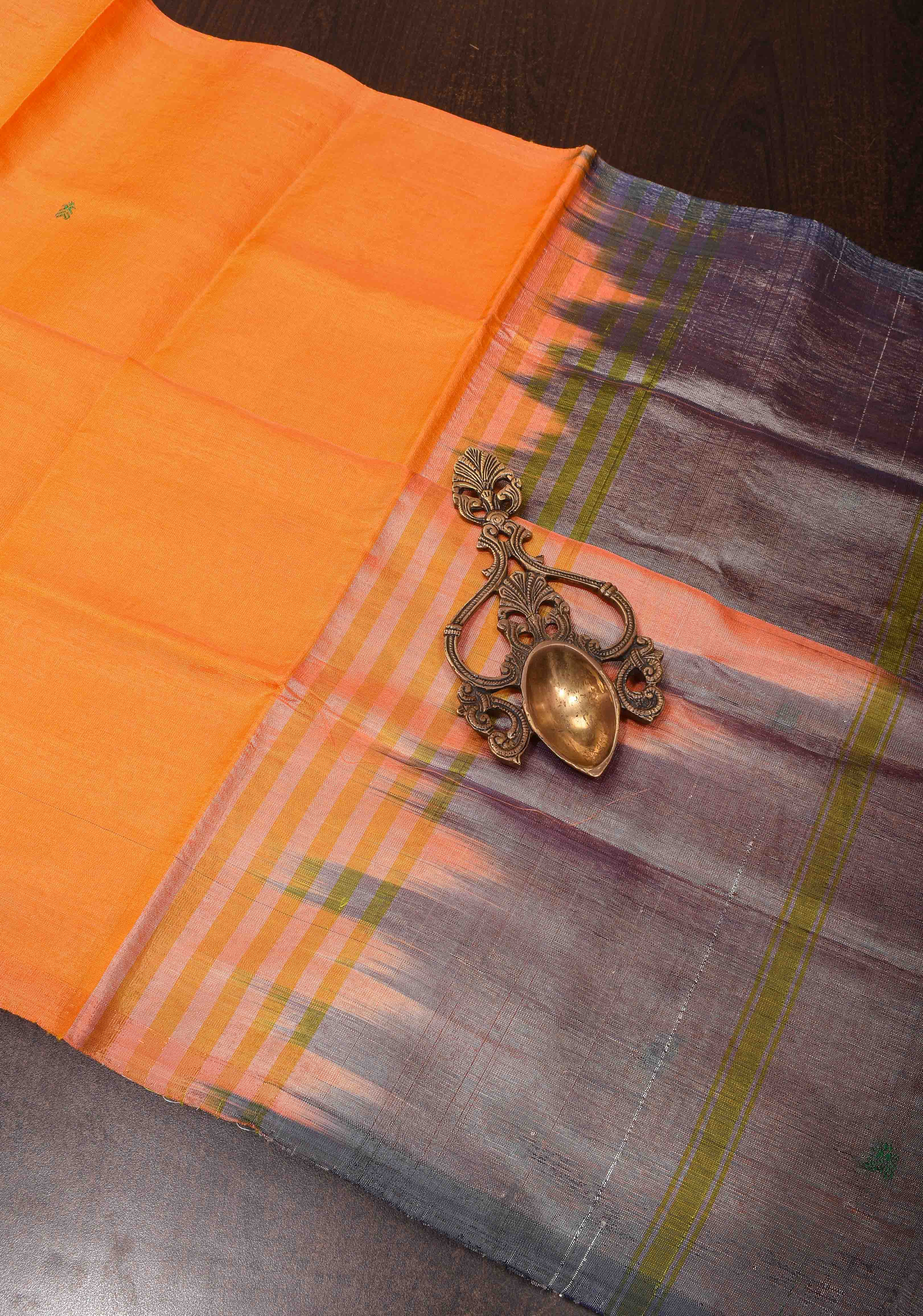 Vegan Silk Handloom Saree in Orange with resham buttas and Gray Contrast Pallu , No Blouse piece | Shobitam - Image 2