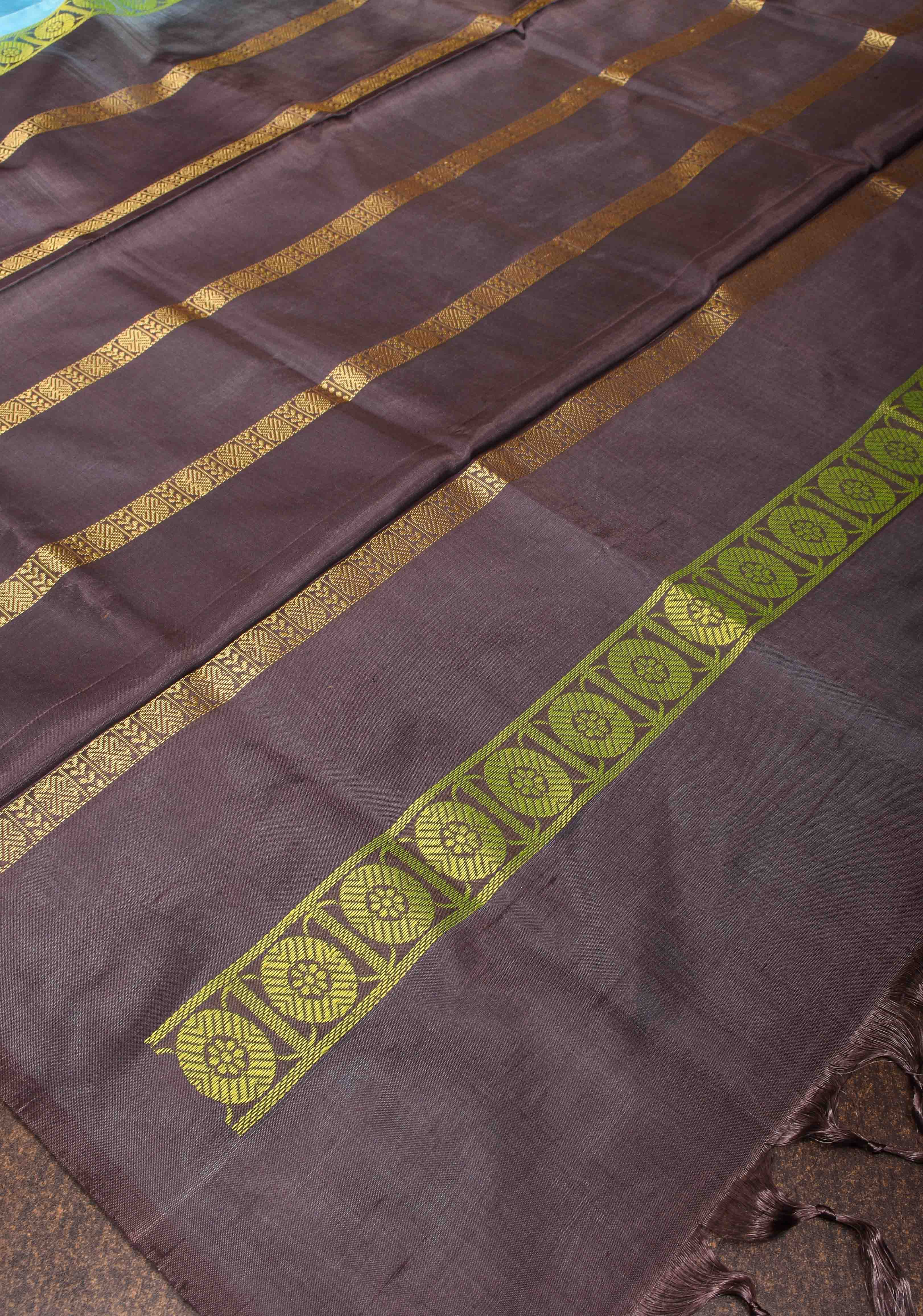 Vegan Silk Handloom Saree in Aqua Blue with Resham Stripes and Contrast Pallu, No Blouse piece | Shobitam - Image 5