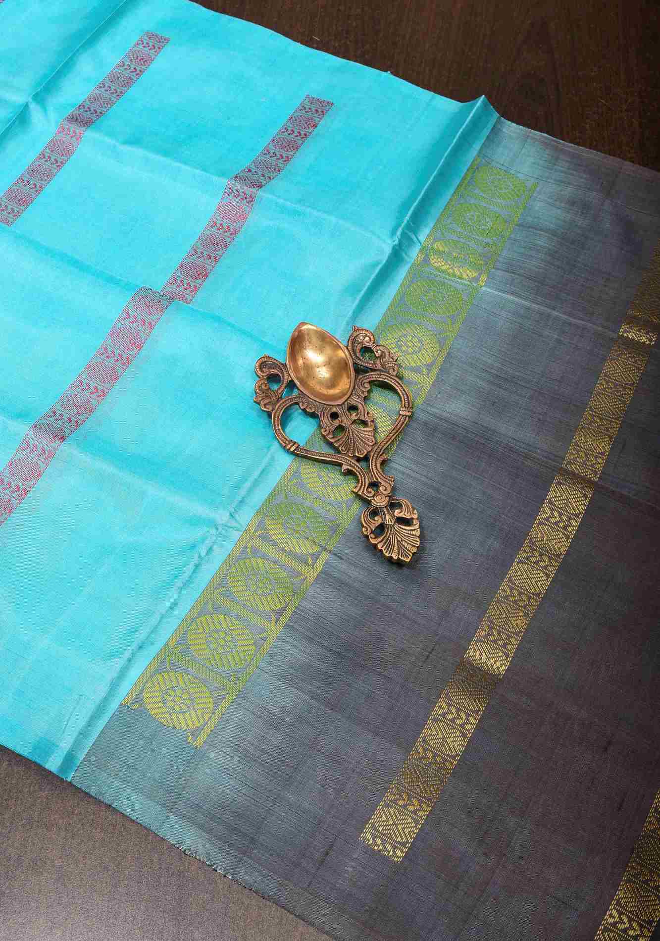 Vegan Silk Handloom ready to wear Saree in Aqua Blue with Resham Stripes and Contrast Pallu, No Blouse piece ready to wear saree - Image 7