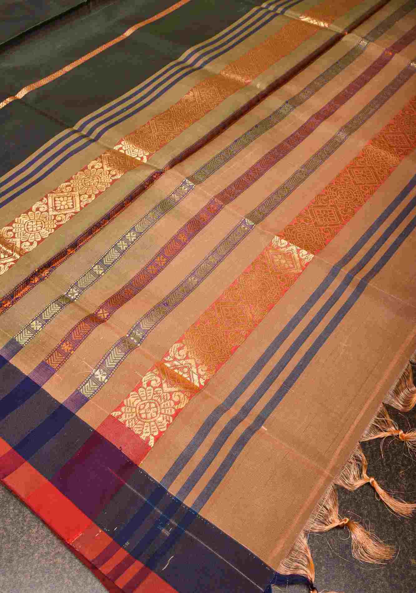 Vegan Silk Handloom prestitched Saree in Dark Gray with Resham Stripes and Contrast Pallu, No Blouse piece ready to wear saree - Image 2