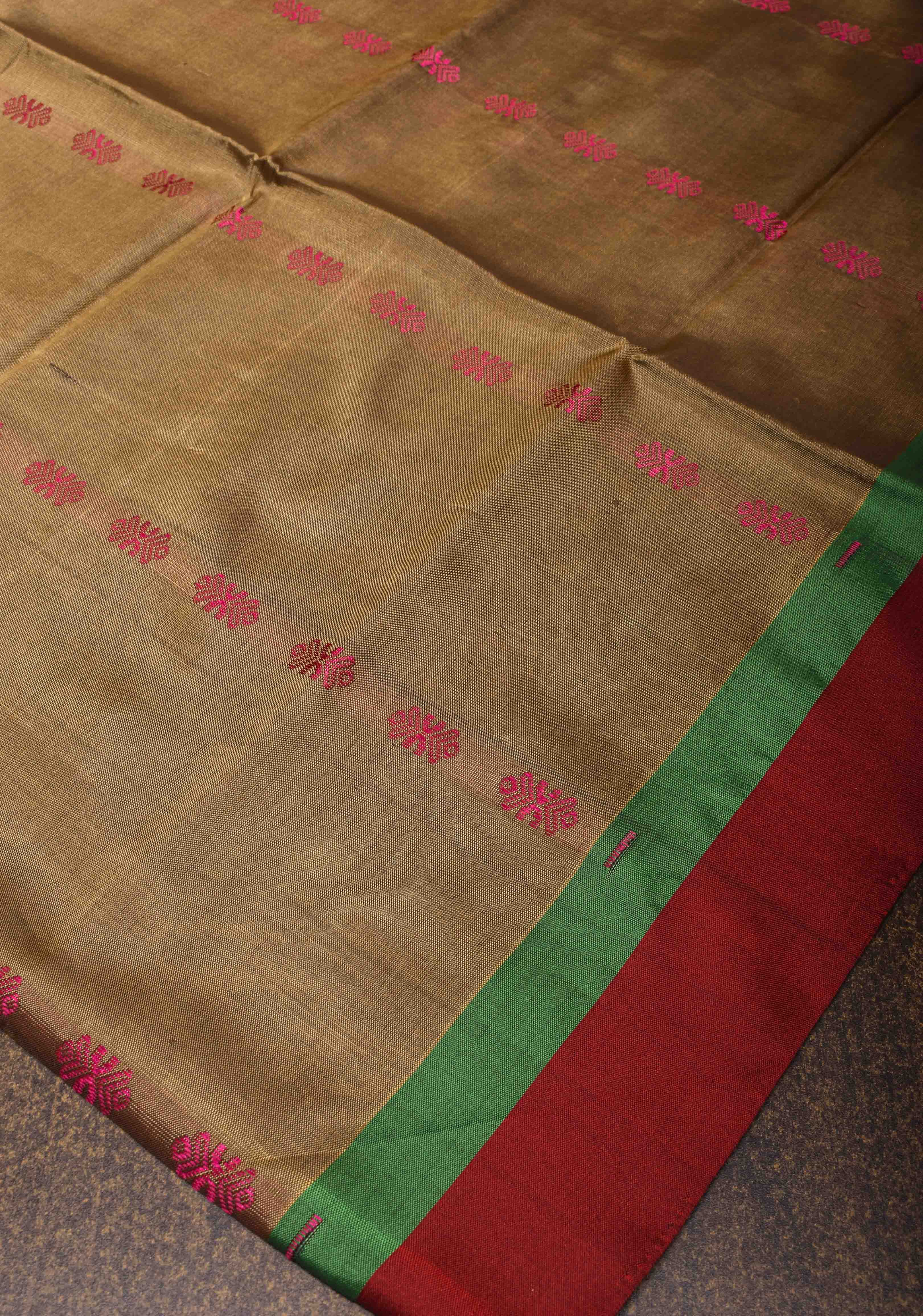 Vegan Silk Handloom Saree in French Beige with Resham Buttas and Contrast Pallu , No Blouse piece | Shobitam - Image 6