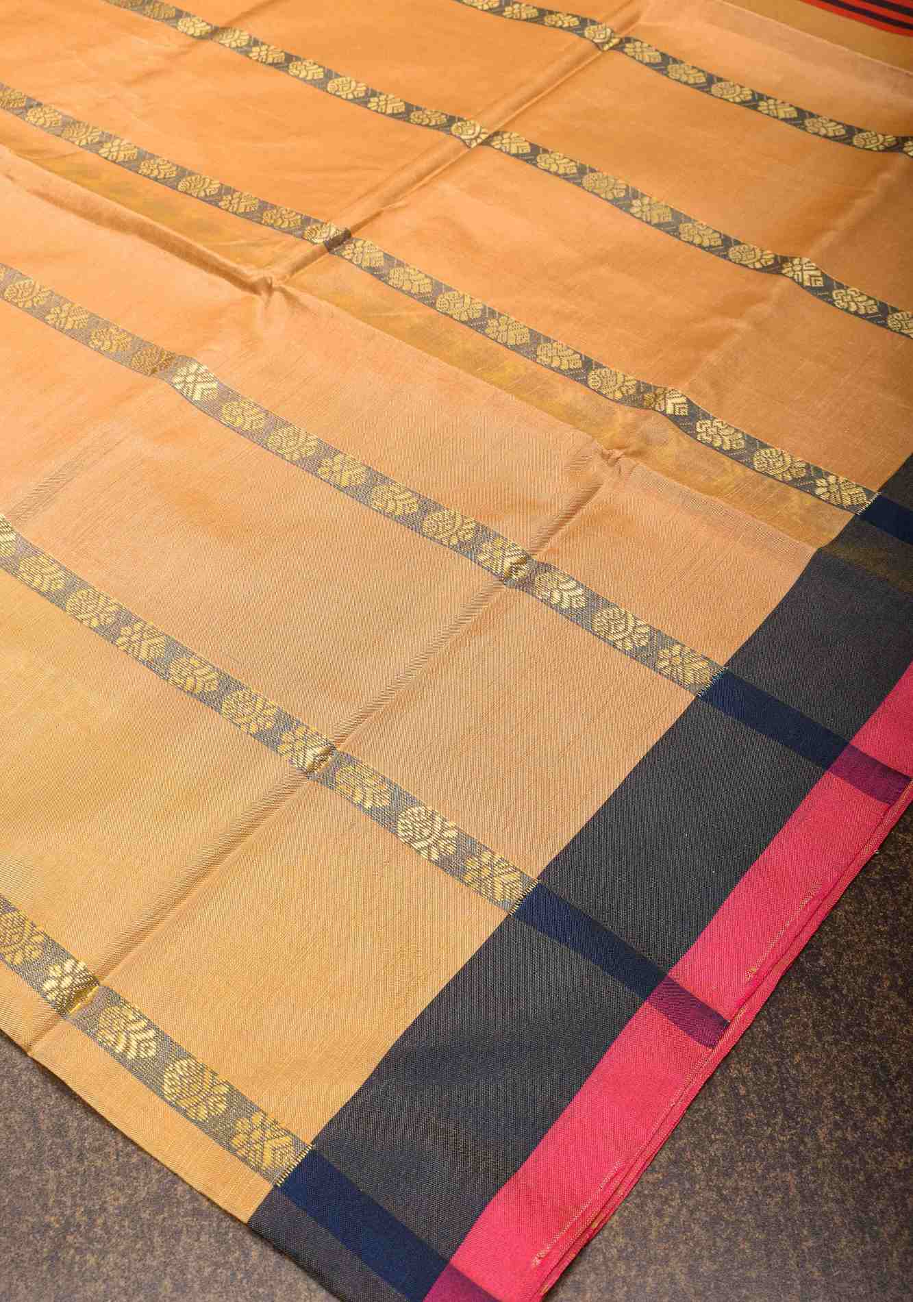 Vegan Silk Handloom stitched pleated Saree in Peach with Resham Buttas and Contrast Pallu, No Blouse piece ready to wear saree - Image 4