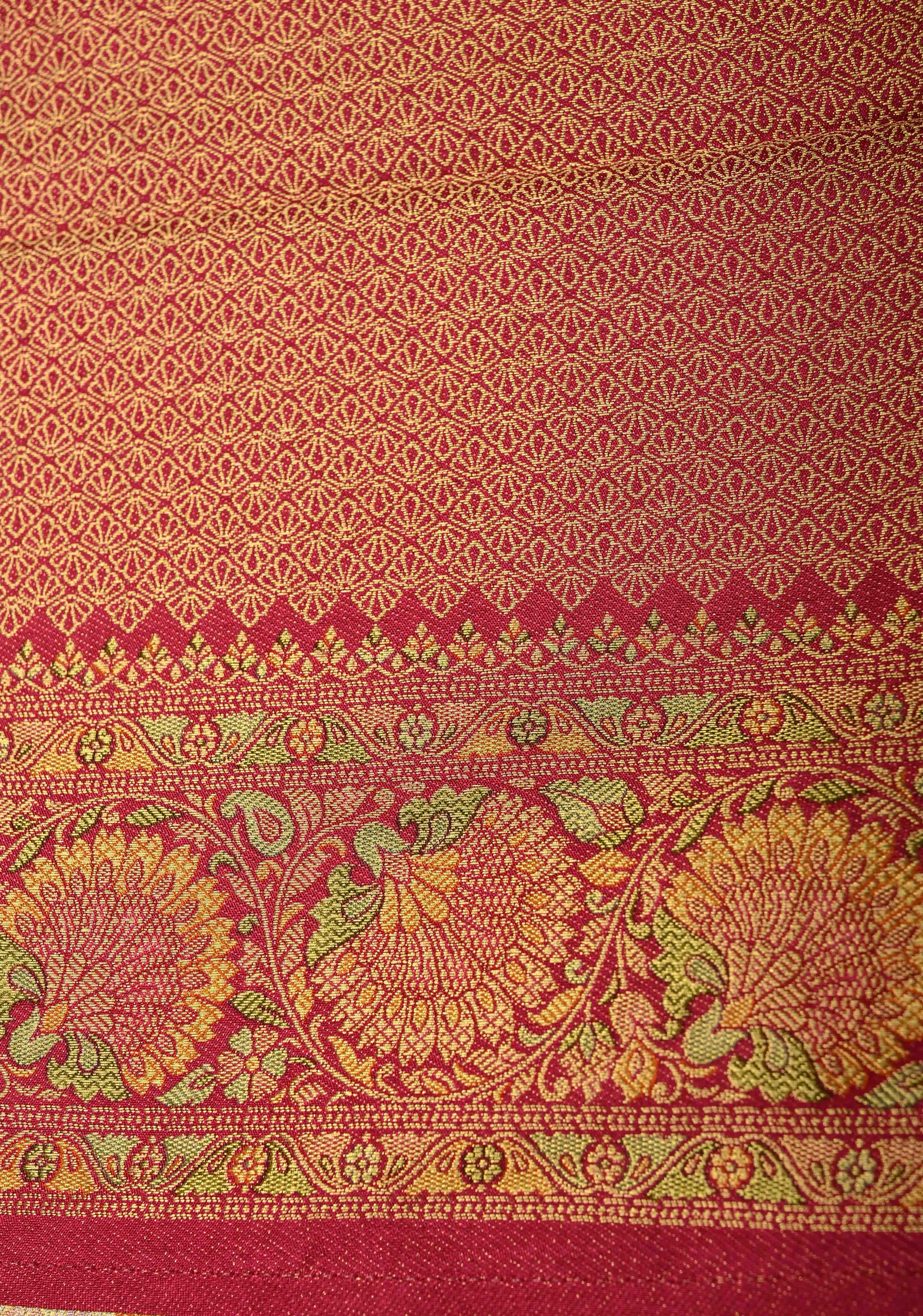 Vegan Silk Saree in Cream with Meenakari Floral Diagonal Stripes and Contrast Border | Shobitam - Image 8