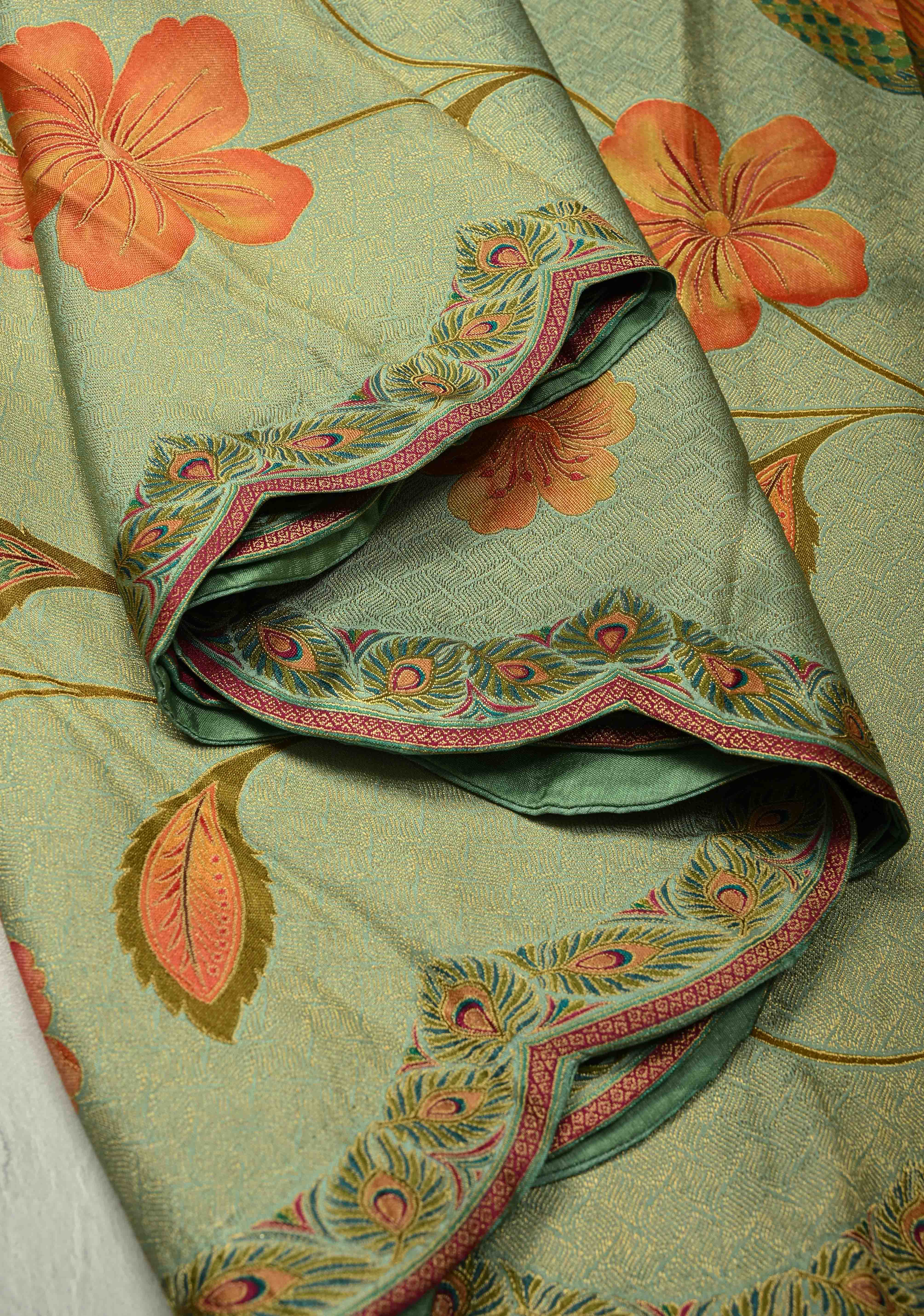 Vegan Silk Saree in Mint Green with Floral Jaal and Scallop Border | Shobitam - Image 11